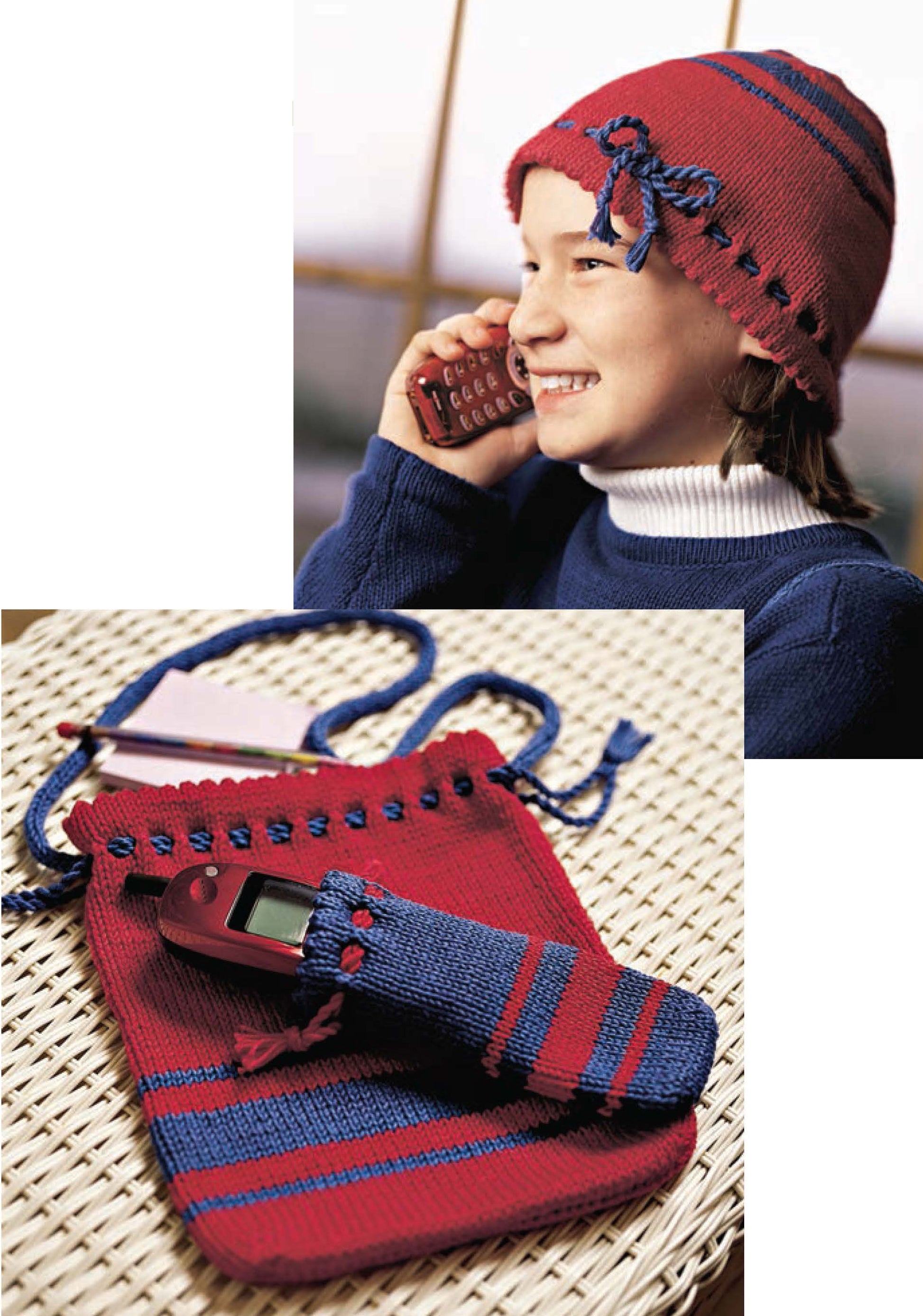A smiling child in a red and blue knit hat talks on the phone. Below, a matching knit phone pouch and drawstring bag—easy beginner projects from Better Homes and Gardens 1-2-3 Knit by Leisure Arts—hold a phone and notepad.