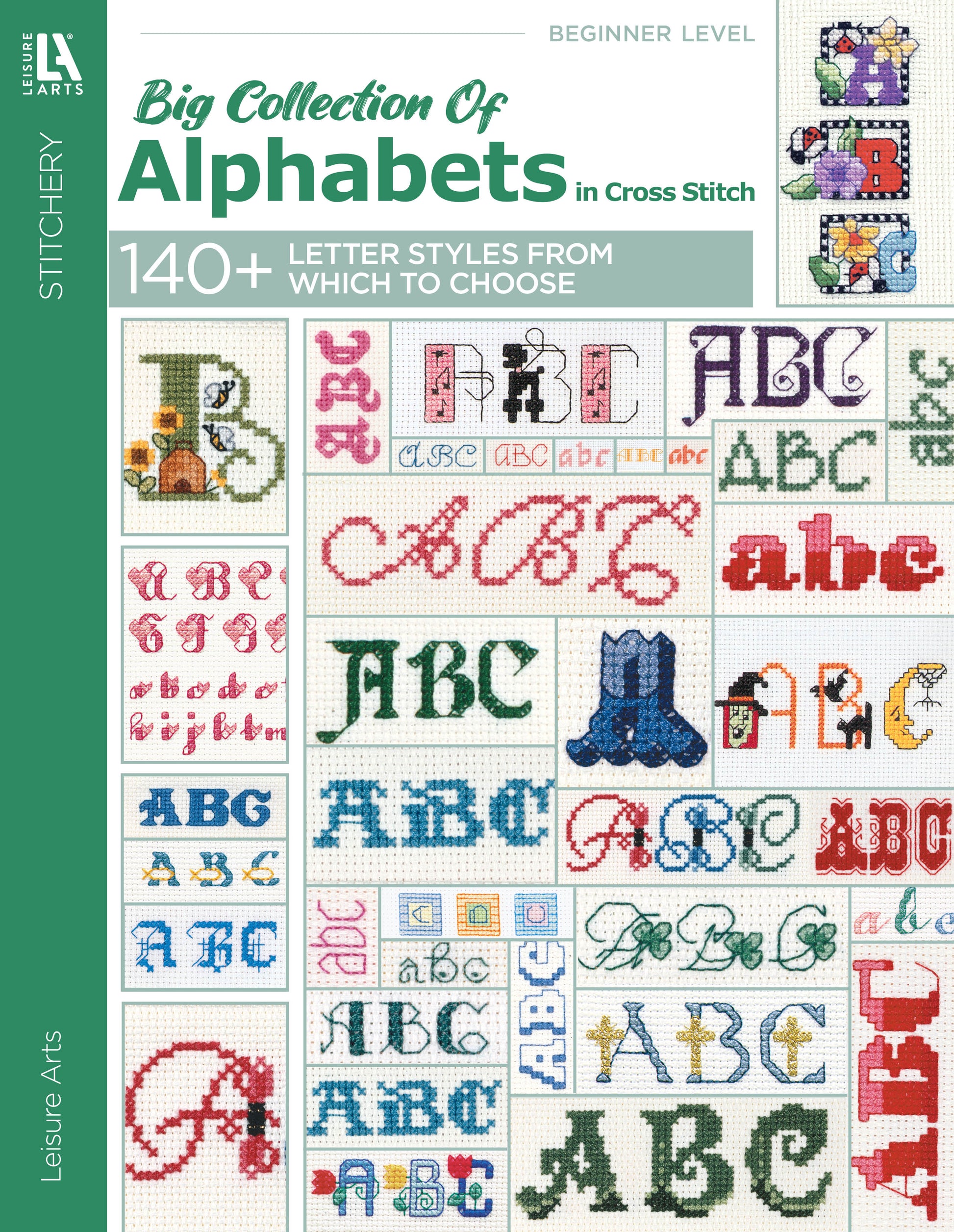 Cover of Leisure Arts’ “A Big Collection of Alphabets in Cross Stitch” book, featuring a grid of colorful counted cross stitch alphabet designs—ideal for your next stitching project.