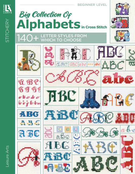 Cover of Leisure Arts’ “A Big Collection of Alphabets in Cross Stitch” book, featuring a grid of colorful counted cross stitch alphabet designs—ideal for your next stitching project.