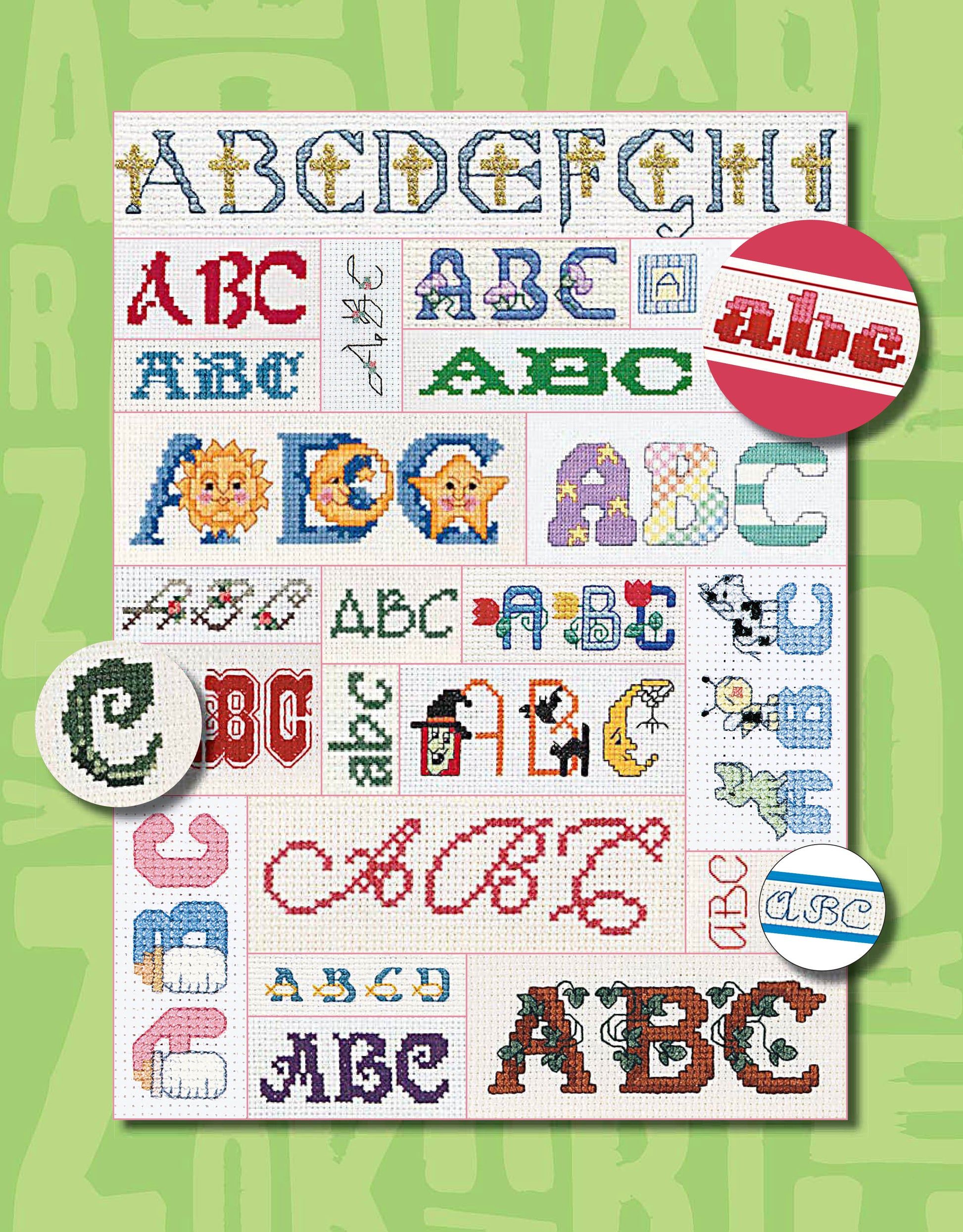 A Big Collection of Alphabets in Cross Stitch by Leisure Arts features block, cursive, and themed alphabet patterns in various styles and colors—great inspiration for your next project! Circles highlight examples on a green background.