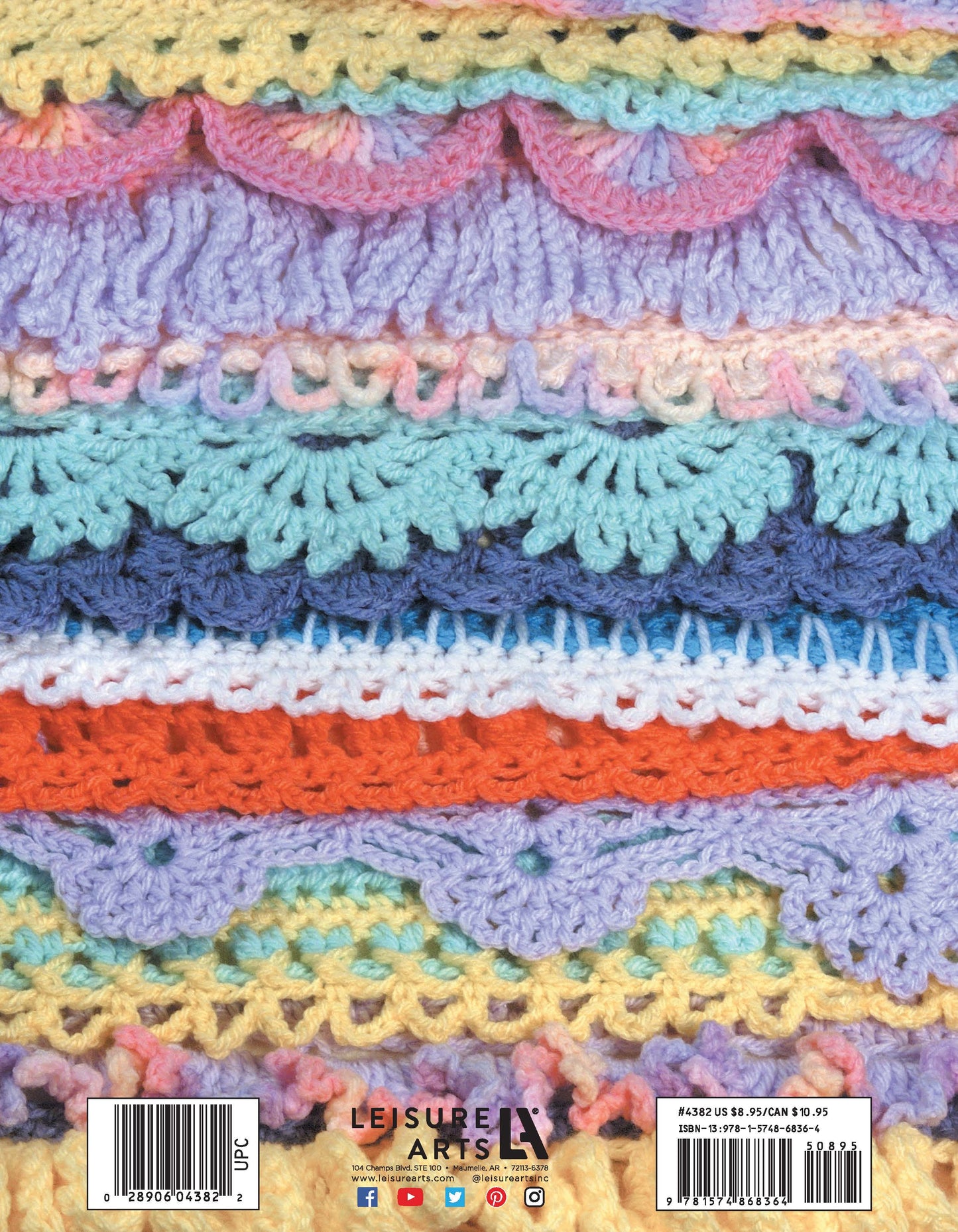 Colorful, textured crochet patterns in pastel and bright hues are stacked horizontally—ideal inspiration from the "50 Crocheted Afghan Borders Digital Download" by Leisure Arts. Barcode labels and the Leisure Arts logo appear at the bottom on a white background.