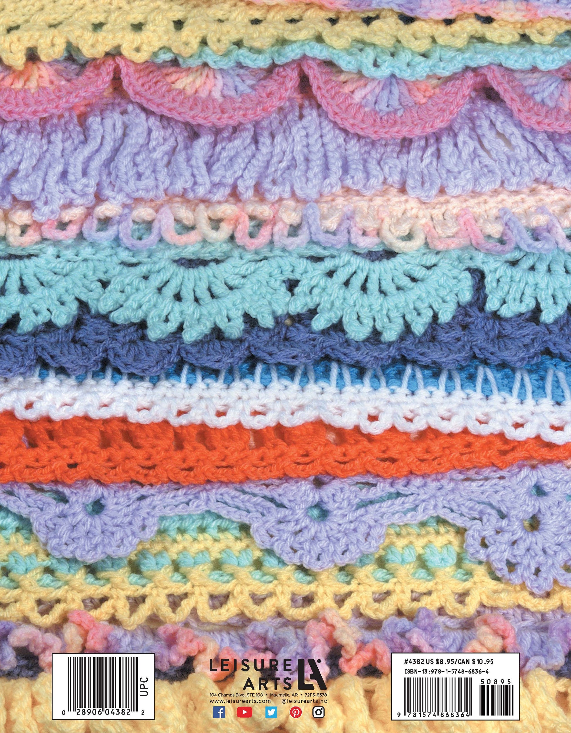 Colorful, textured crochet patterns in pastel and bright hues are stacked horizontally—ideal inspiration from the "50 Crocheted Afghan Borders Digital Download" by Leisure Arts. Barcode labels and the Leisure Arts logo appear at the bottom on a white background.
