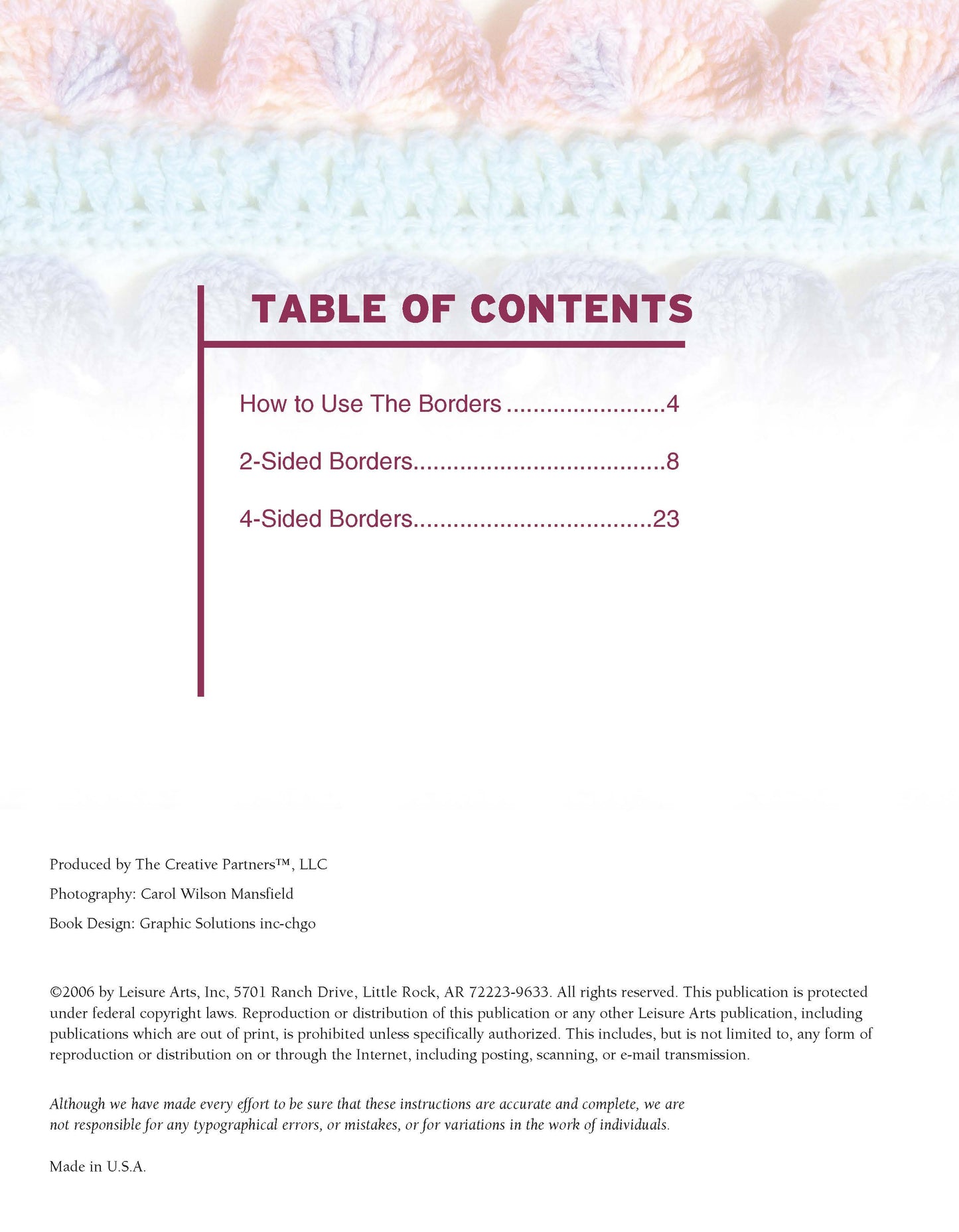 The TABLE OF CONTENTS page in "50 Crocheted Afghan Borders Digital Download" by Leisure Arts lists: How to Use The Borders (p.4), 2-Sided Borders (p.8), and 4-Sided Borders (p.23), plus finishing touches and crochet border patterns, with publication info below.