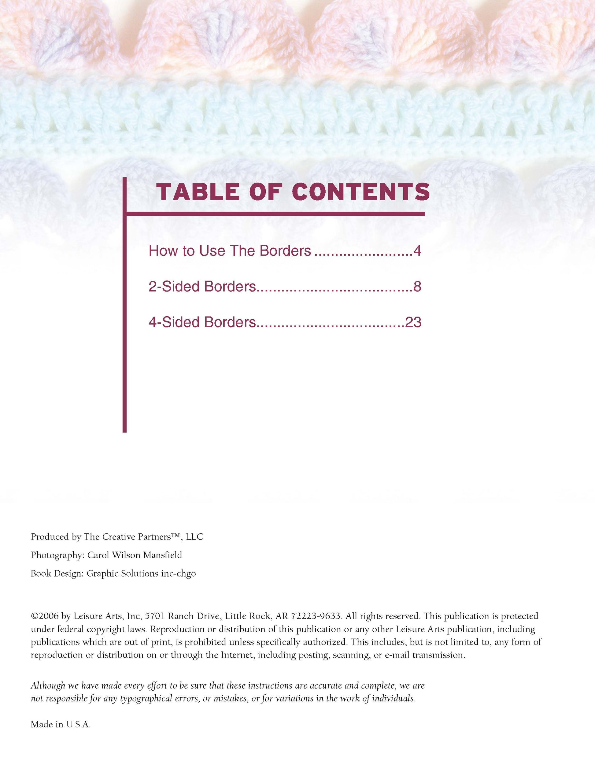 The TABLE OF CONTENTS page in "50 Crocheted Afghan Borders Digital Download" by Leisure Arts lists: How to Use The Borders (p.4), 2-Sided Borders (p.8), and 4-Sided Borders (p.23), plus finishing touches and crochet border patterns, with publication info below.
