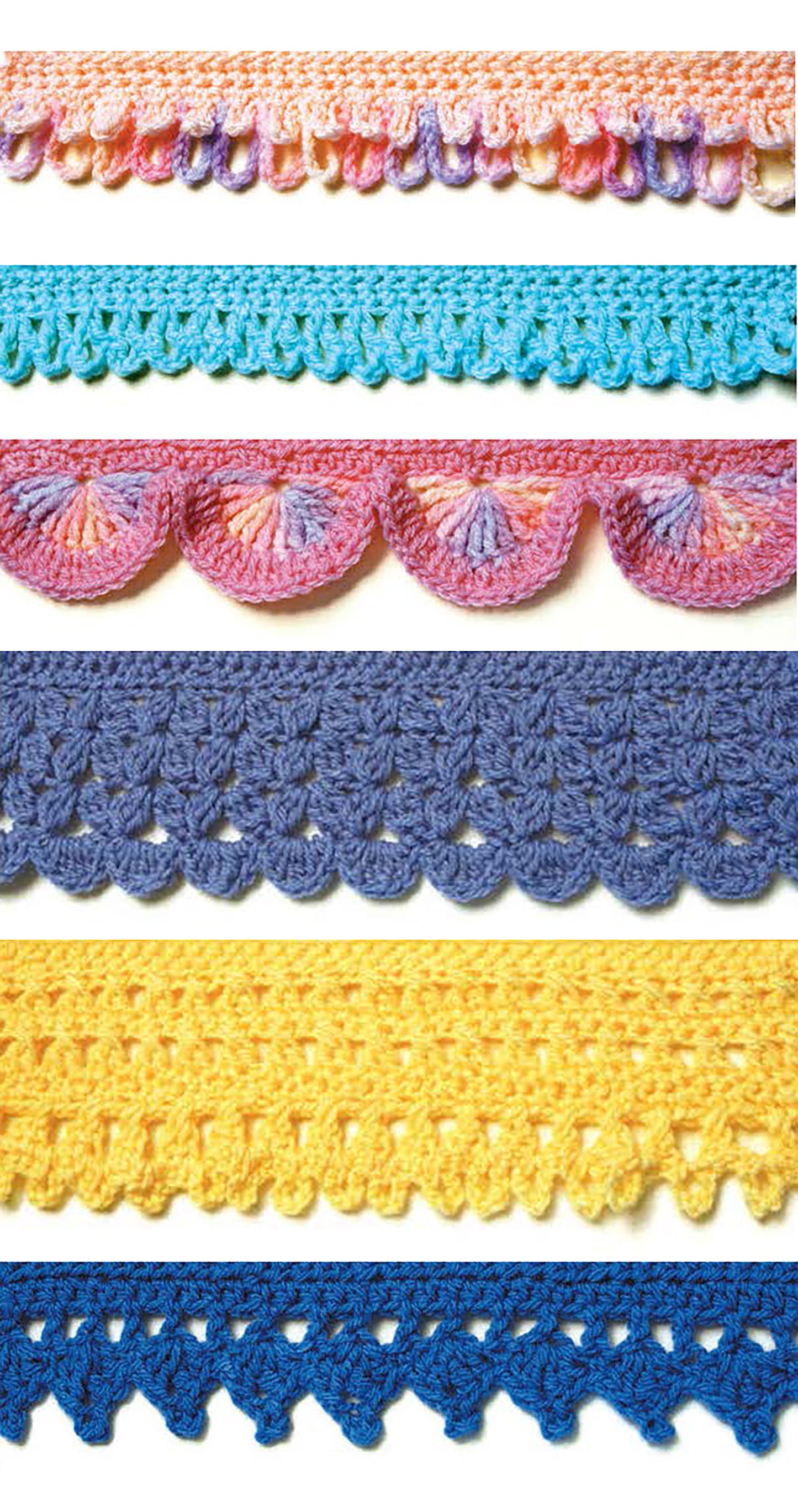The "50 Crocheted Afghan Borders" digital download by Leisure Arts showcases vibrant crochet border patterns—scallops, arches, and geometric designs in pink, blue, yellow, and multicolor yarns—ideal for finishing any afghan.