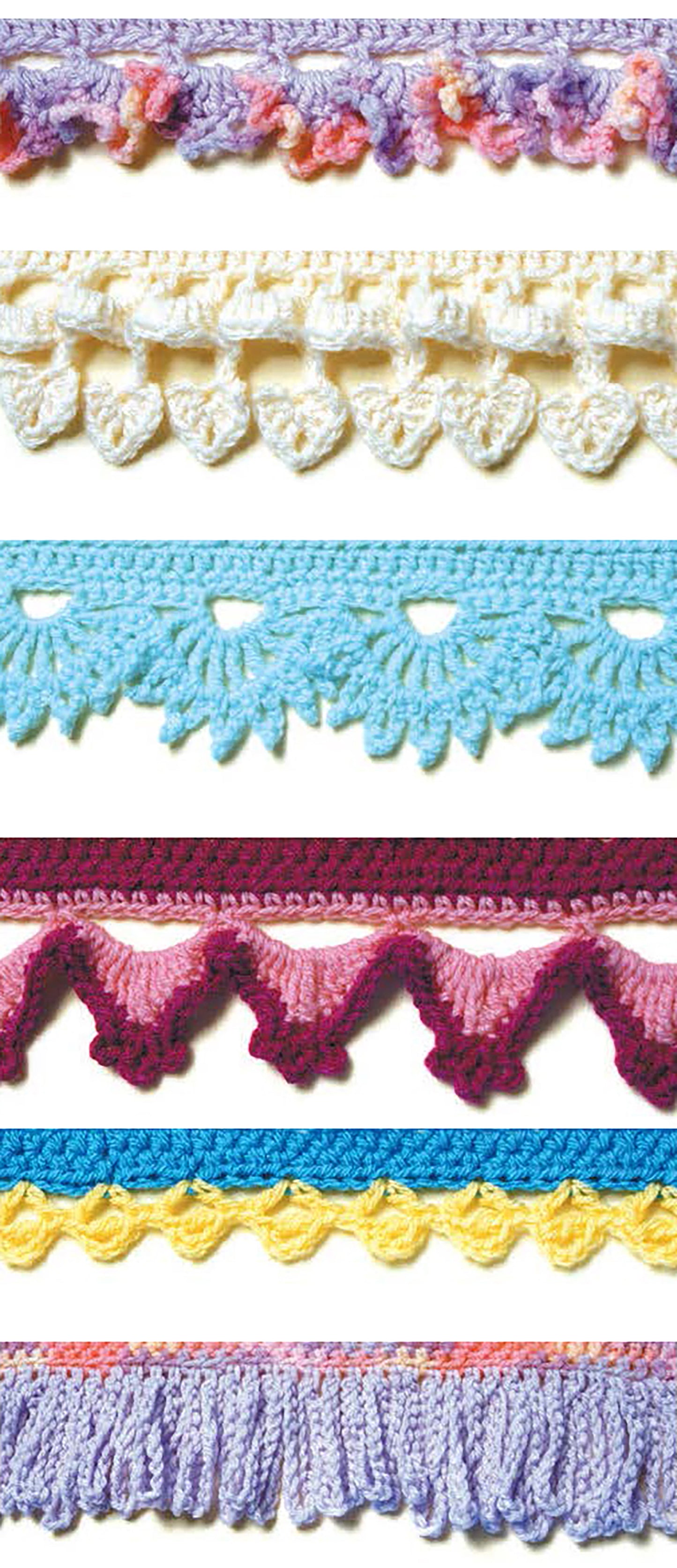 Showcasing 50 unique crochet border patterns, Leisure Arts' "50 Crocheted Afghan Borders Digital Download" features vibrant horizontal rows in purples, creams, blues, reds, yellows, and multi-color—perfect for finishing or decorating afghans.