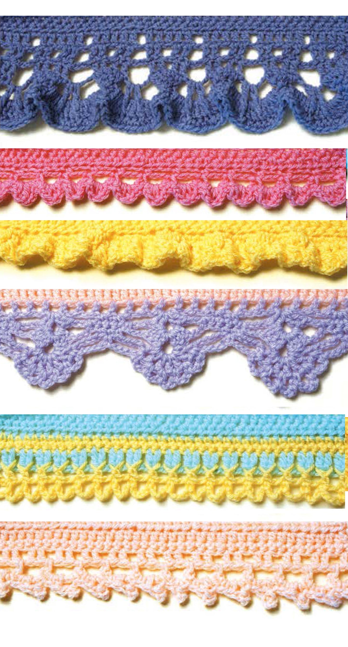 Six crochet edging samples from Leisure Arts’ "50 Crocheted Afghan Borders" digital download showcase creative stitch patterns in blue, pink, yellow, lavender, teal with yellow, and peach—ideal for finishing afghan borders.