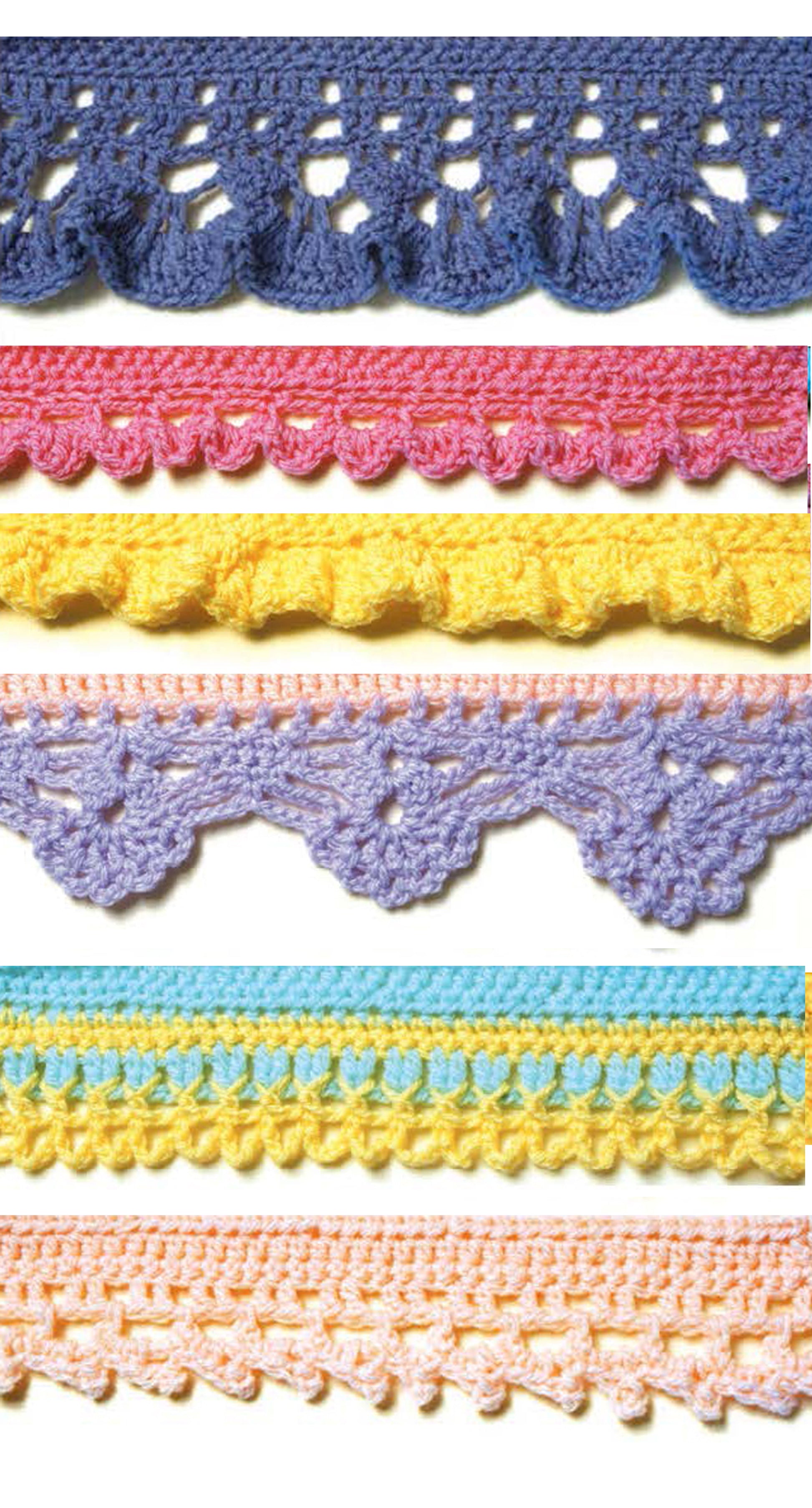 Six crochet edging samples from Leisure Arts’ "50 Crocheted Afghan Borders" digital download showcase creative stitch patterns in blue, pink, yellow, lavender, teal with yellow, and peach—ideal for finishing afghan borders.