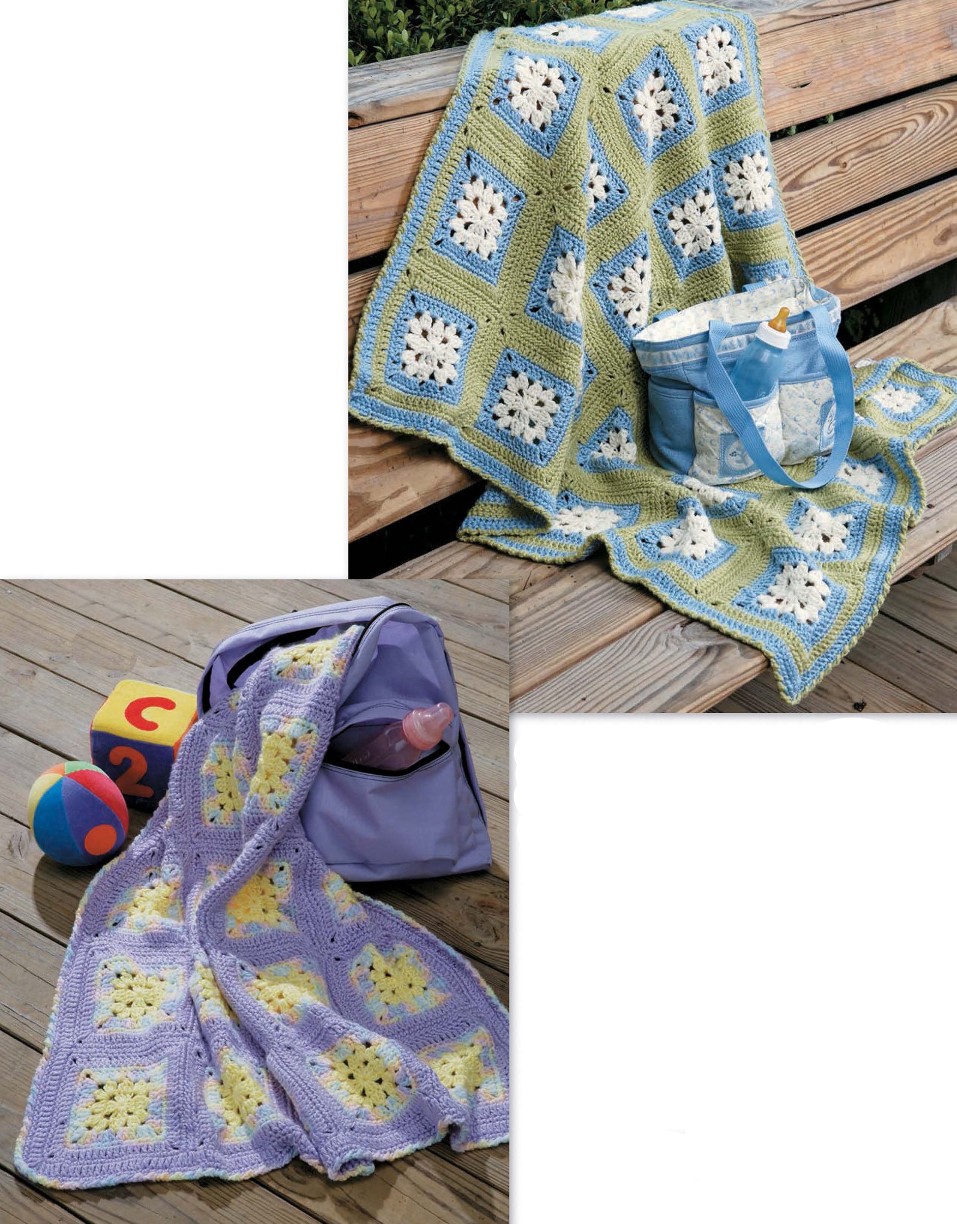 Two crocheted throws from Leisure Arts’ No Adults Allowed! Digital Download: one in green, blue, and white by a blue bag; another in lavender, yellow, and white with a purple bag and children’s toys on wooden planks.