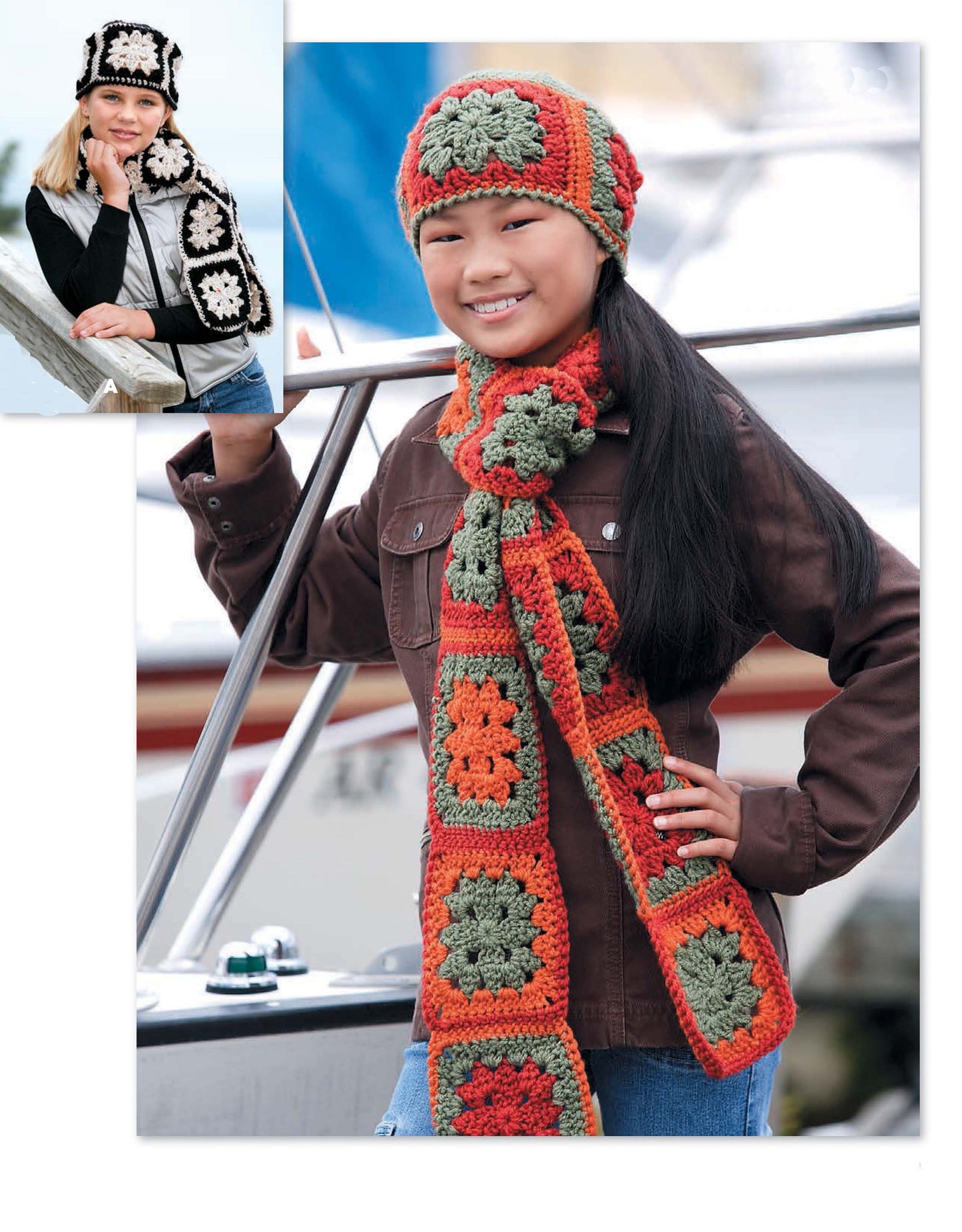 A young girl smiles in red, green, and orange granny square chill chasers from "No Adults Allowed! Digital Download" by Leisure Arts. An inset shows another girl in black and white crochet designs for kids, leaning on a railing.