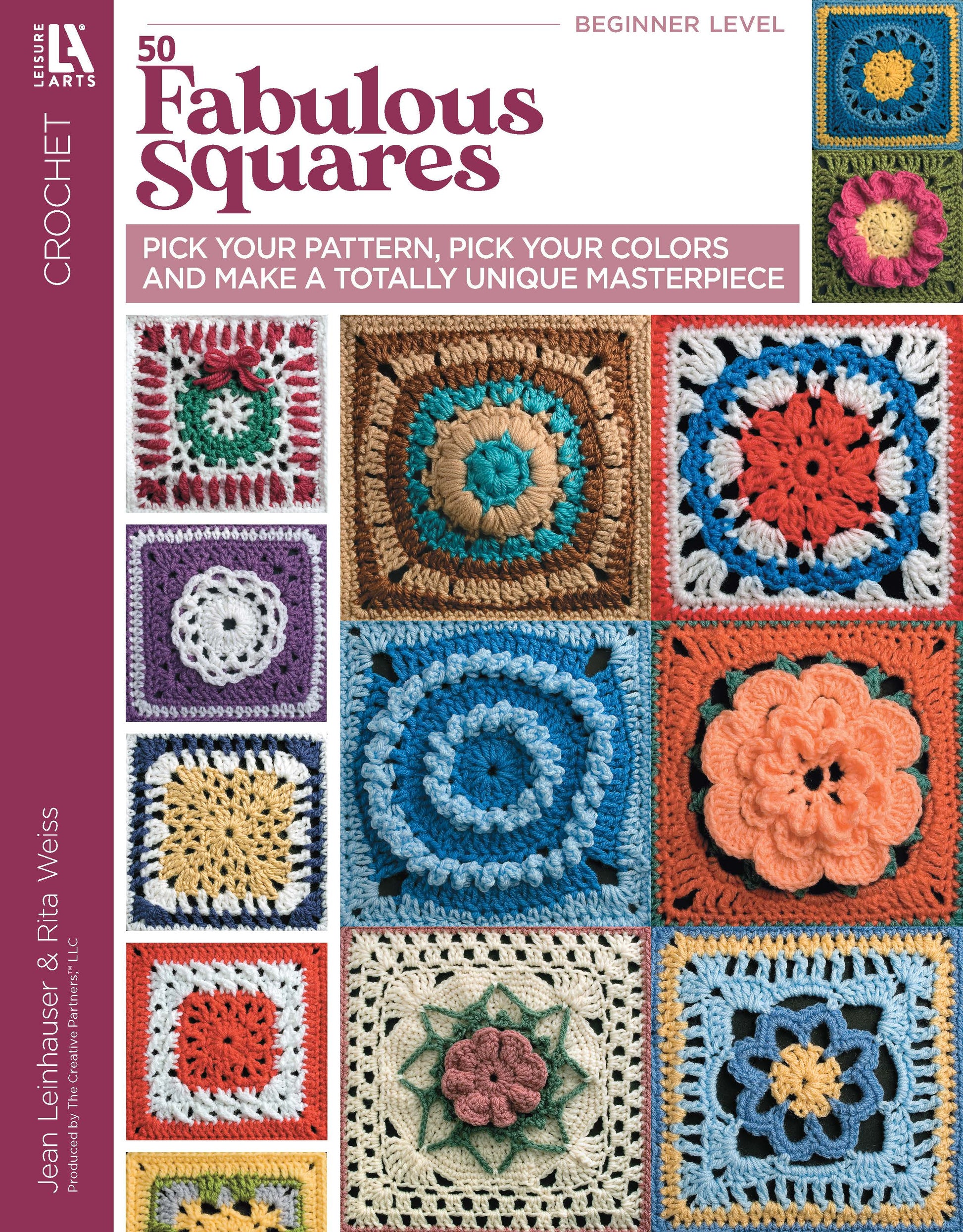 Cover of 50 Fabulous Crochet Squares Digital Download by Leisure Arts, featuring bright crochet squares, afghan patterns, and flower designs in a colorful grid. Includes beginner-friendly patterns.