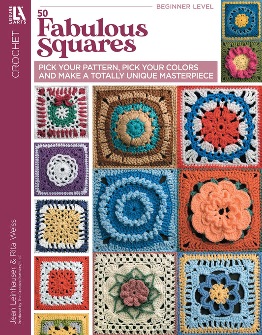 Cover of 50 Fabulous Crochet Squares Digital Download by Leisure Arts, featuring bright crochet squares, afghan patterns, and flower designs in a colorful grid. Includes beginner-friendly patterns.