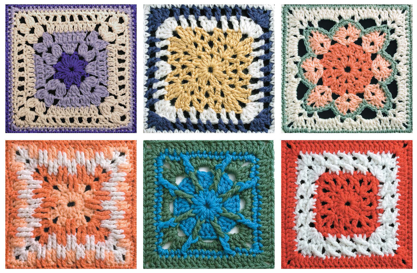 Six vibrant crochet granny squares from the "50 Fabulous Crochet Squares Digital Download" by Leisure Arts are shown in two rows of three, each featuring unique patterns and colorful floral designs against a white background.