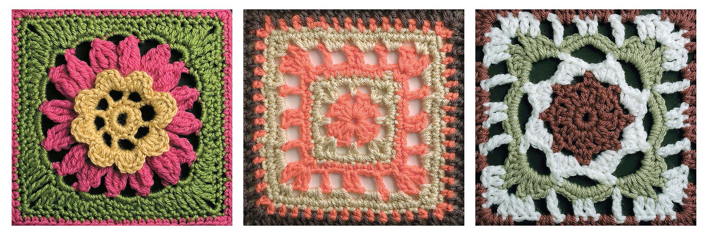 From Leisure Arts’ "50 Fabulous Crochet Squares" digital download: three unique crochet squares—a pink floral with green border, a coral and beige geometric, and a brown, white, and green lacy circle motif.