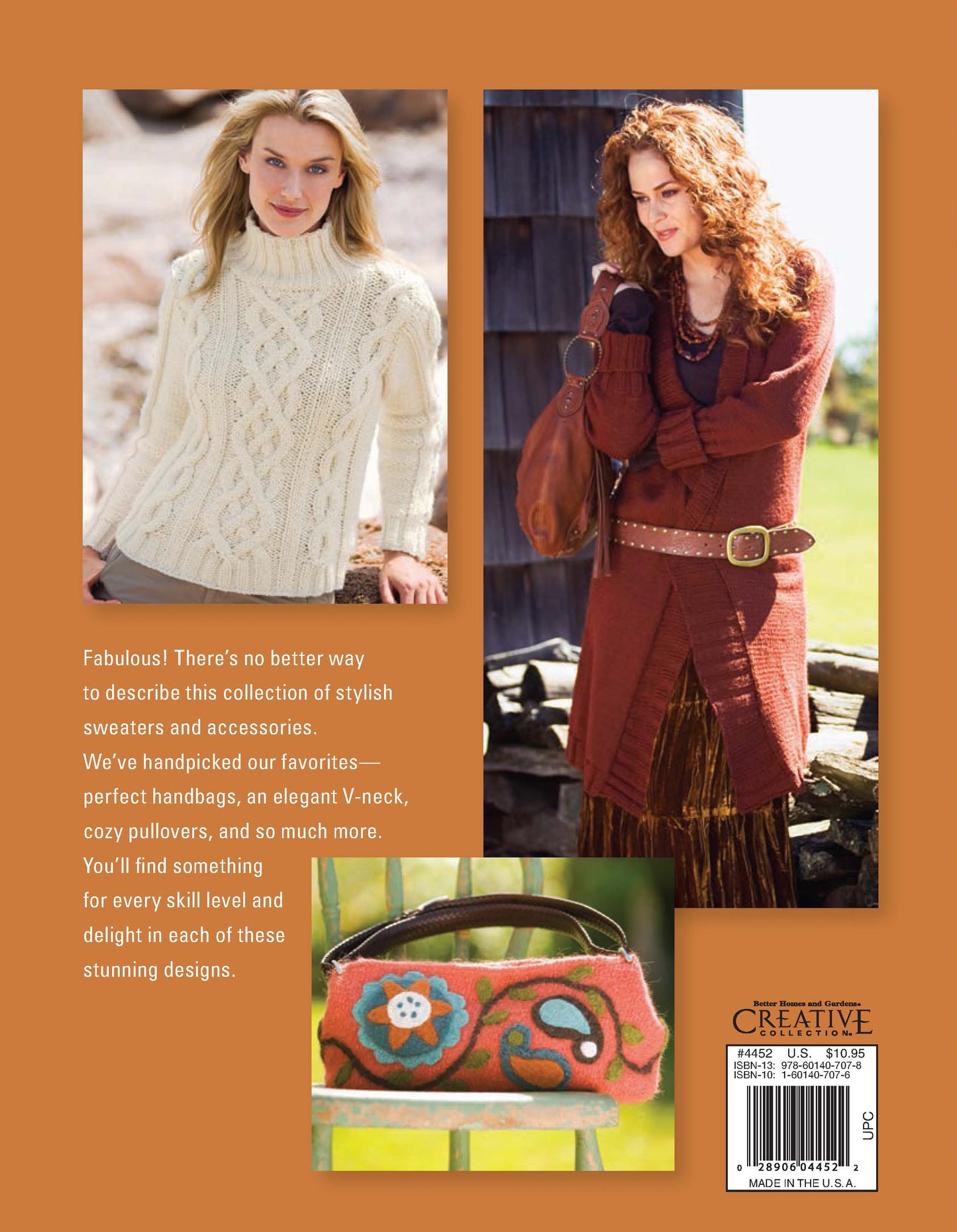 The back cover of "Better Homes and Gardens Fabulous Knits" from Leisure Arts shows a woman in a cream cable-knit sweater, another in a rust knit dress with gloves, and a close-up of an embroidered felted handbag. Print ISBN included.