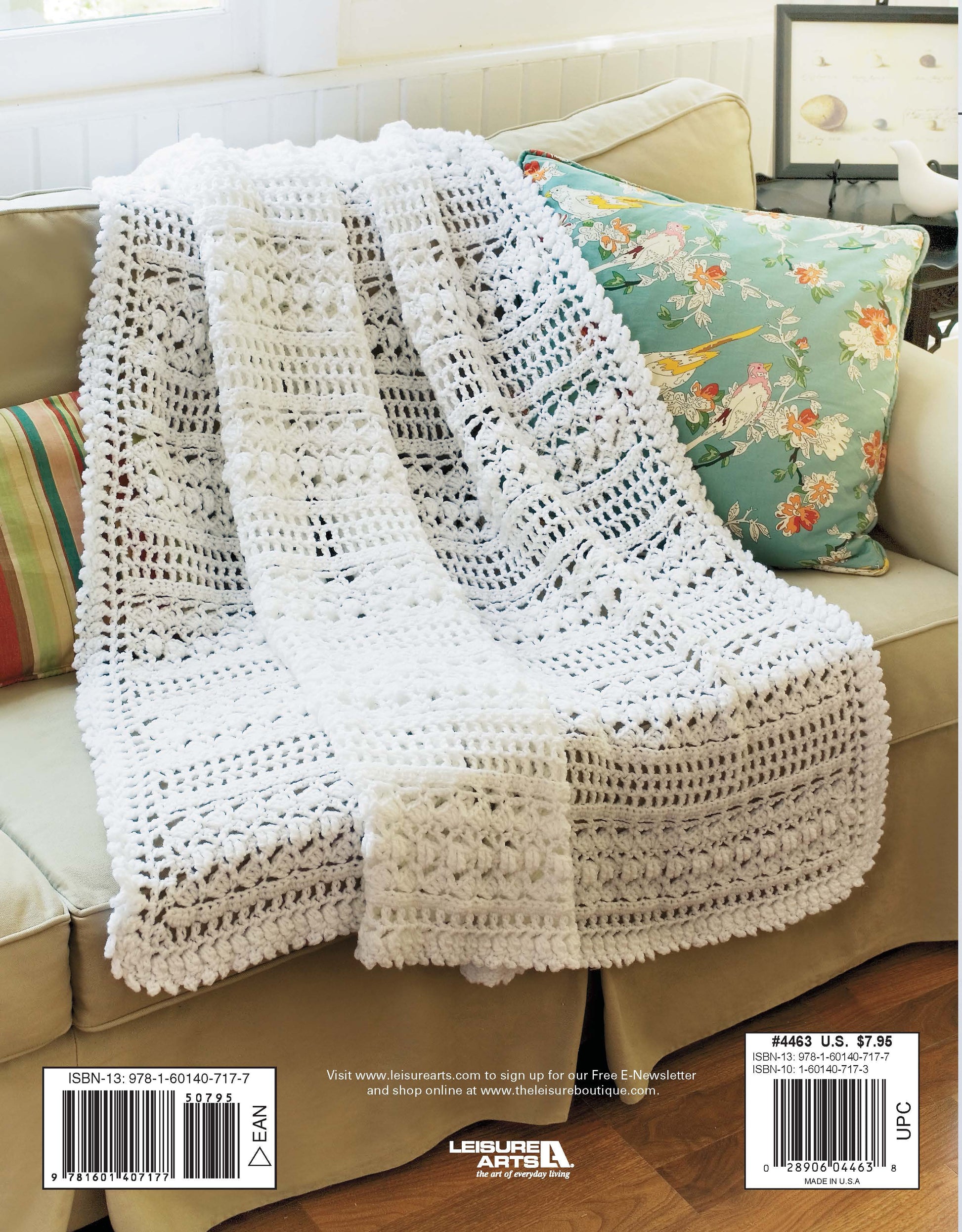 The Leisure Arts Contemporary Cottage Afghans Digital Download features white, chunky crocheted blankets made with worsted weight yarn—perfect for draping over your sofa and creating a cozy cottage-style living room.
