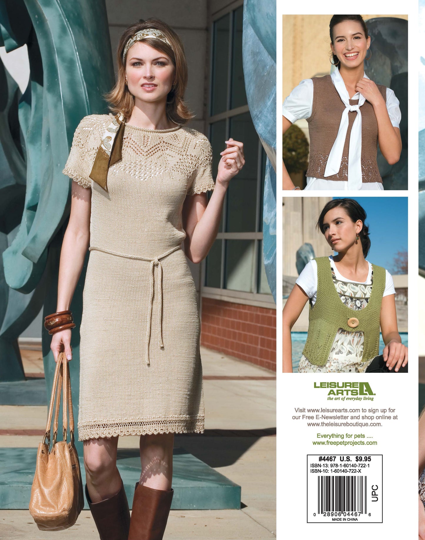 A woman wearing a beige knit dress and boots carries a bag, while inset images highlight stylish knitwear—vests layered over white tops in brown and olive green. "Timeless Styles—5 Knit Projects" by Leisure Arts branding is visible.