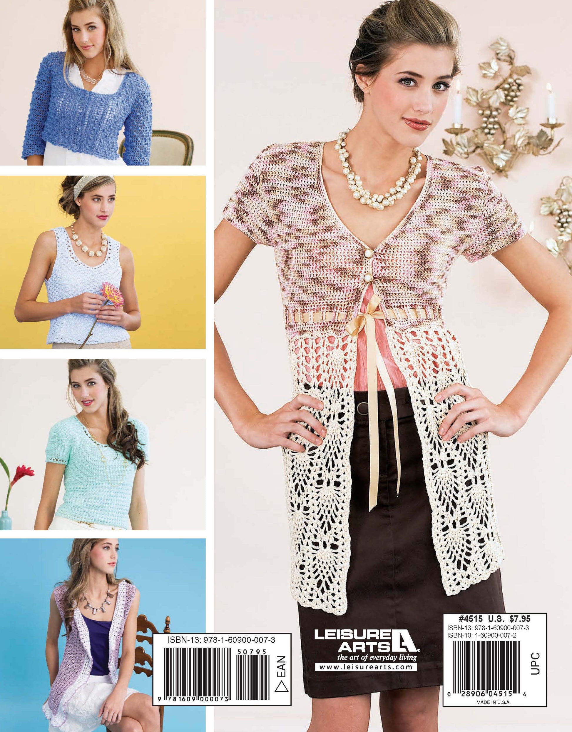 Five women model pastel crocheted tops and cardigans from Leisure Arts' Crochet Easygoing Fashions, including a pink and white lacy ribbon cardigan and lightweight, cropped sweaters in soft hues, all featuring delicate crochet patterns.