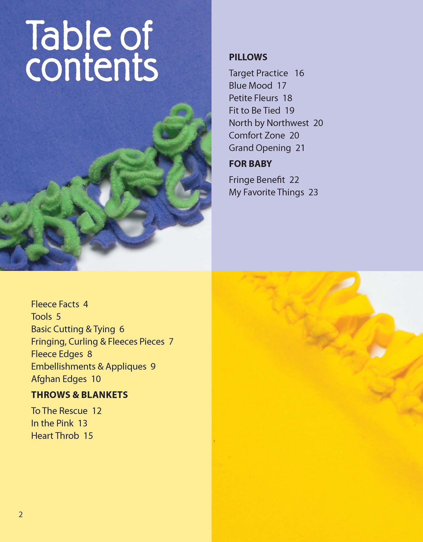 The Beginner's Guide to Fleece by Leisure Arts features a colorful table of contents with white, purple, and yellow categories, headings, and page numbers for crafting topics. Includes a close-up of textured yarn on blue and yellow backgrounds.