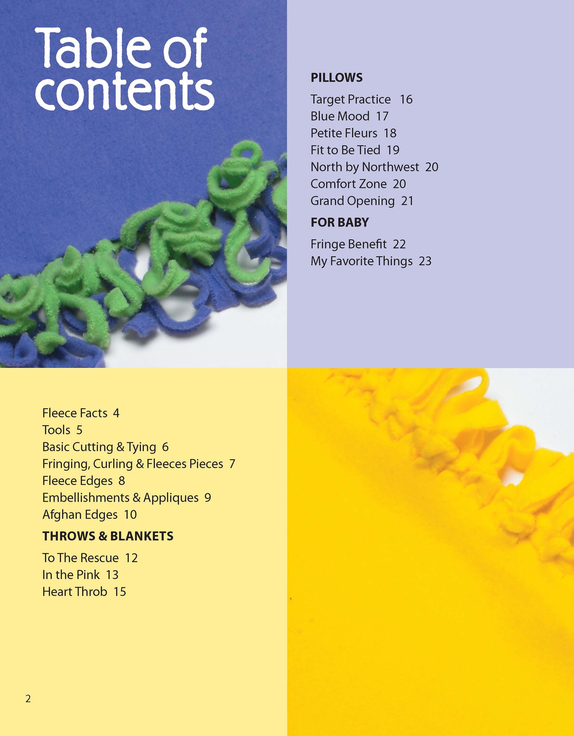 The Beginner's Guide to Fleece by Leisure Arts features a colorful table of contents with white, purple, and yellow categories, headings, and page numbers for crafting topics. Includes a close-up of textured yarn on blue and yellow backgrounds.