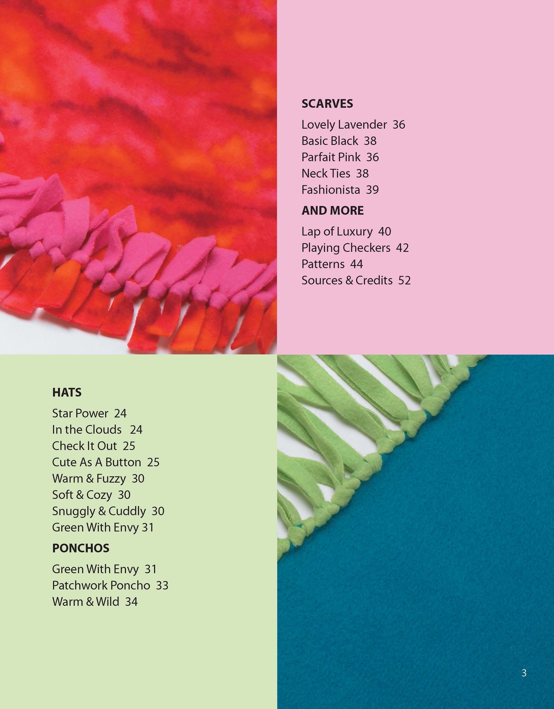 A page in Beginner's Guide to Fleece by Leisure Arts is split into four colored sections listing scarf, hat, and poncho titles with page numbers. Photos of multicolored felted fringe border two sections—ideal for easy fleece crafts.