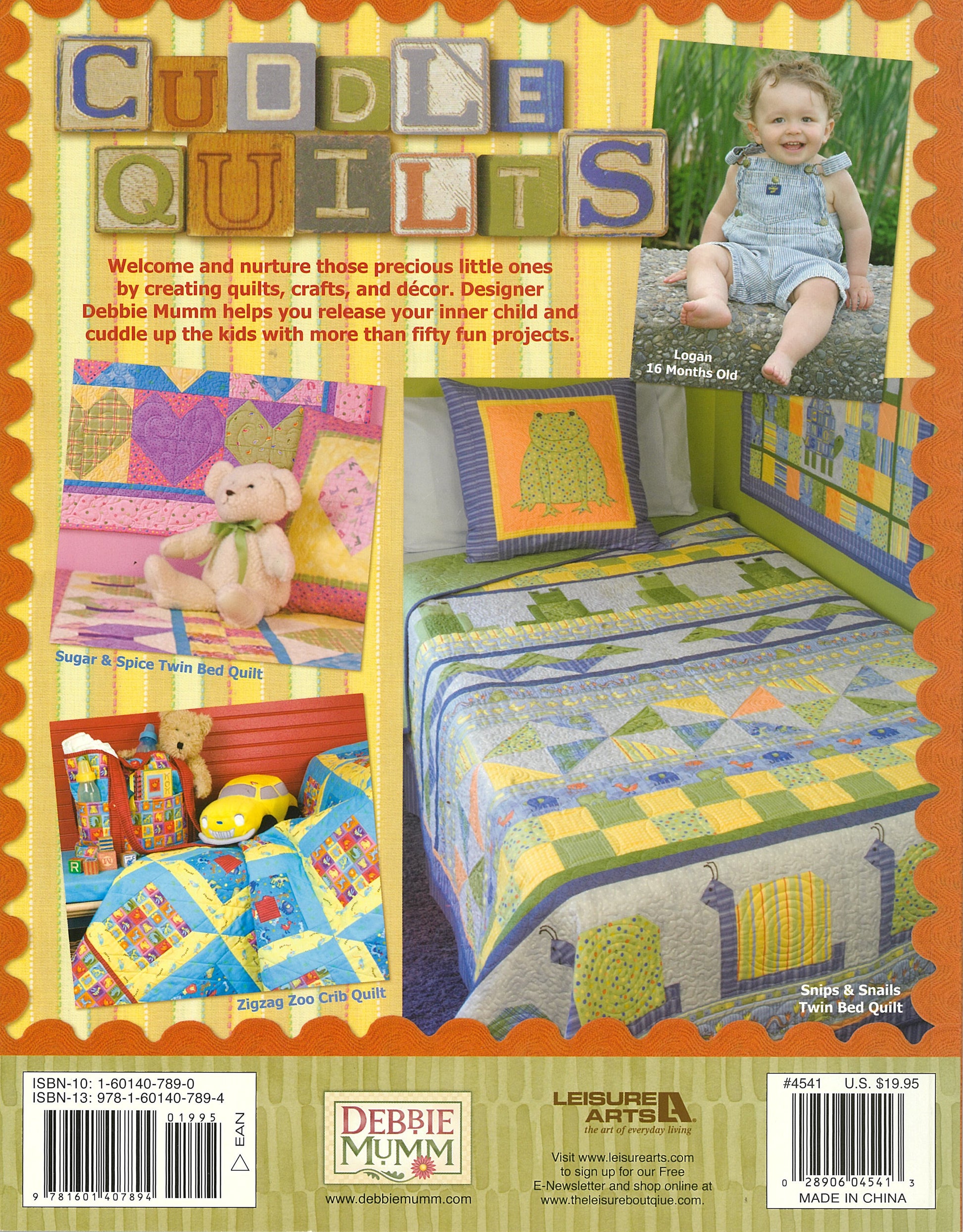 The back cover of Debbie Mumm's Cuddle Quilts For Little Girls and Boys by Leisure Arts features cheerful patchwork quilts, a teddy bear, and a smiling toddler—ideal for anyone looking for fun kids' quilt projects.