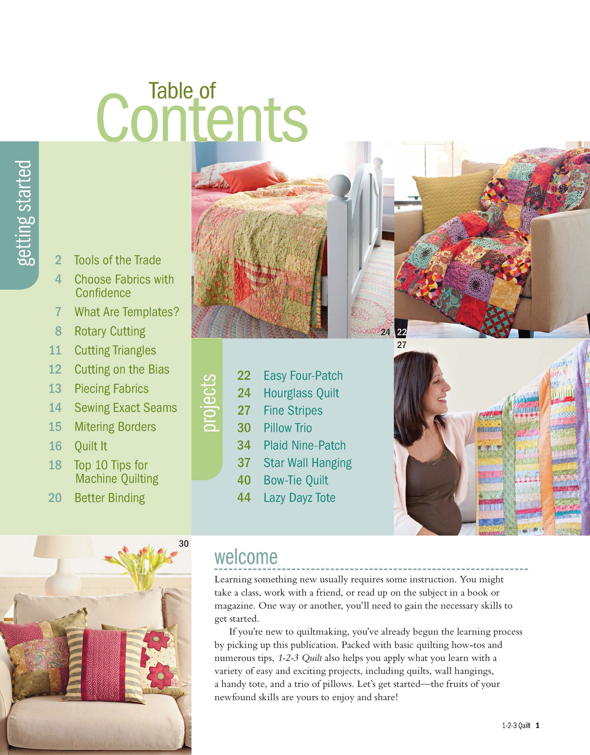 The Better Homes and Gardens 1-2-3 Quilt by Leisure Arts features a colorful contents page with easy quilt patterns, photos of patchwork quilts, a cozy pillow on an armchair, and shelves with fat quarter friendly quilts.