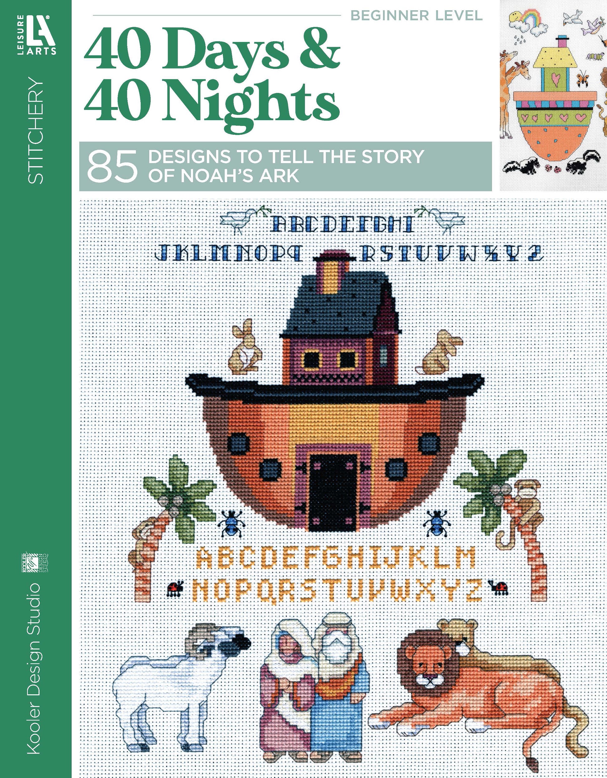 Front cover of Leisure Arts’ "40 Days & 40 Nights" cross-stitch pattern book, featuring Noah’s Ark, animals, alphabet letters, and small motifs—ideal for blankets or family crafts. Includes 85 beginner designs.