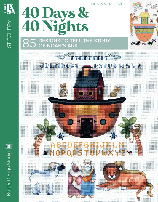 Front cover of Leisure Arts’ "40 Days & 40 Nights" cross-stitch pattern book, featuring Noah’s Ark, animals, alphabet letters, and small motifs—ideal for blankets or family crafts. Includes 85 beginner designs.