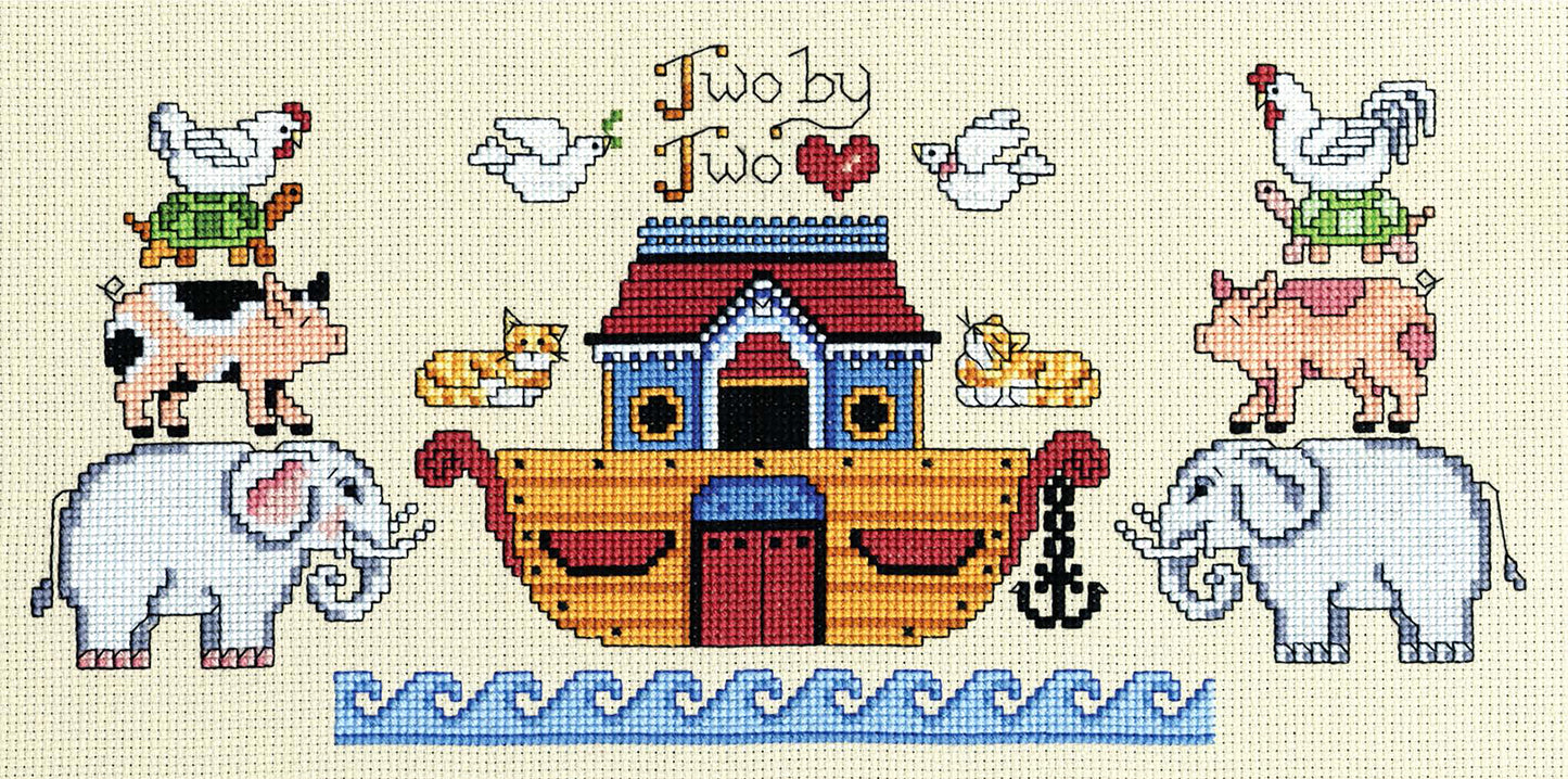 The Leisure Arts "40 Days & 40 Nights" cross-stitch kit features paired animals around an ark atop blue waves, with "Two by Two" text—a charming pattern for family crafts or to accent blankets with a unique touch.