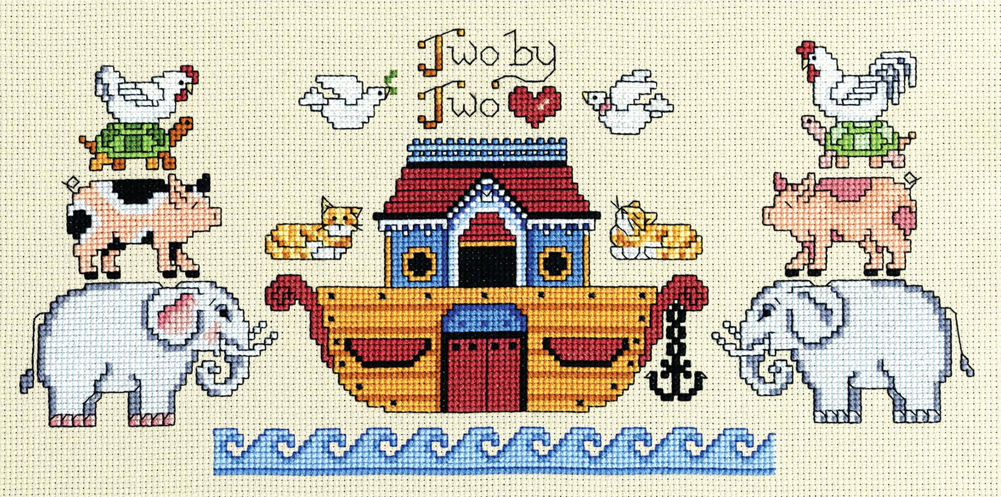 The Leisure Arts "40 Days & 40 Nights" cross-stitch kit features paired animals around an ark atop blue waves, with "Two by Two" text—a charming pattern for family crafts or to accent blankets with a unique touch.