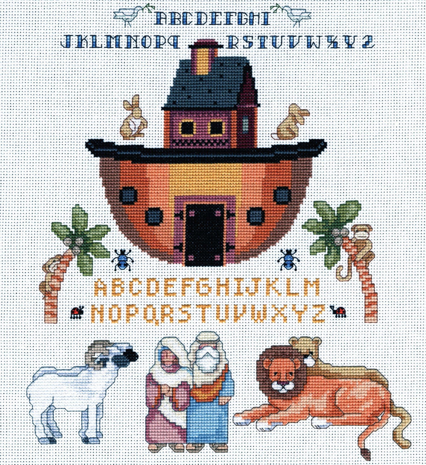 Leisure Arts' "40 Days & 40 Nights" cross-stitch kit features Noah’s Ark with animals, trees, and two alphabets above. Ideal for family crafts or to decorate blankets with stitched figures of Noah, a woman, a lion, and a sheep below.