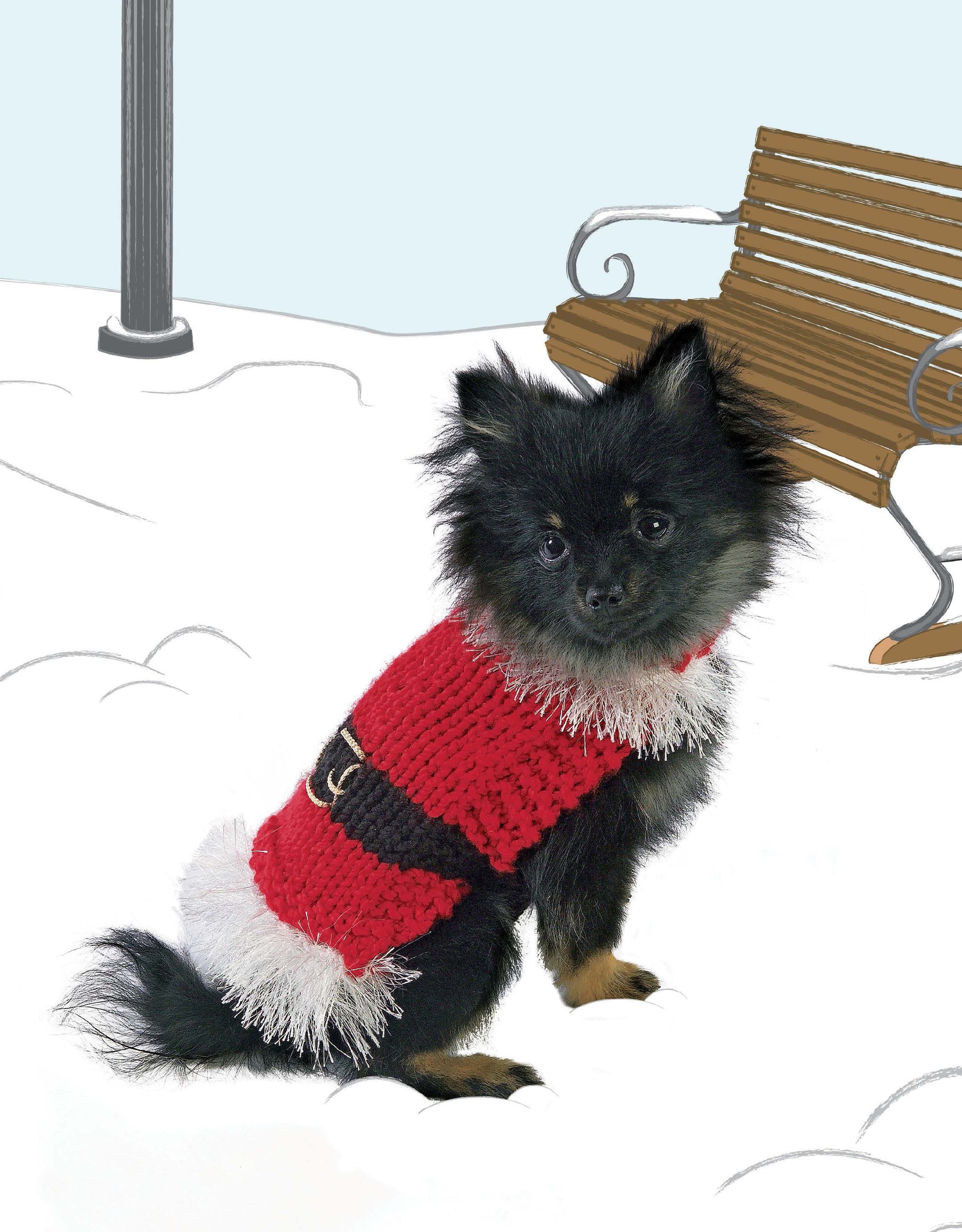 A small black dog wearing the "Oodles of Outerwear for Canines" sweater by Leisure Arts sits on snow in front of a brown bench and a streetlamp.