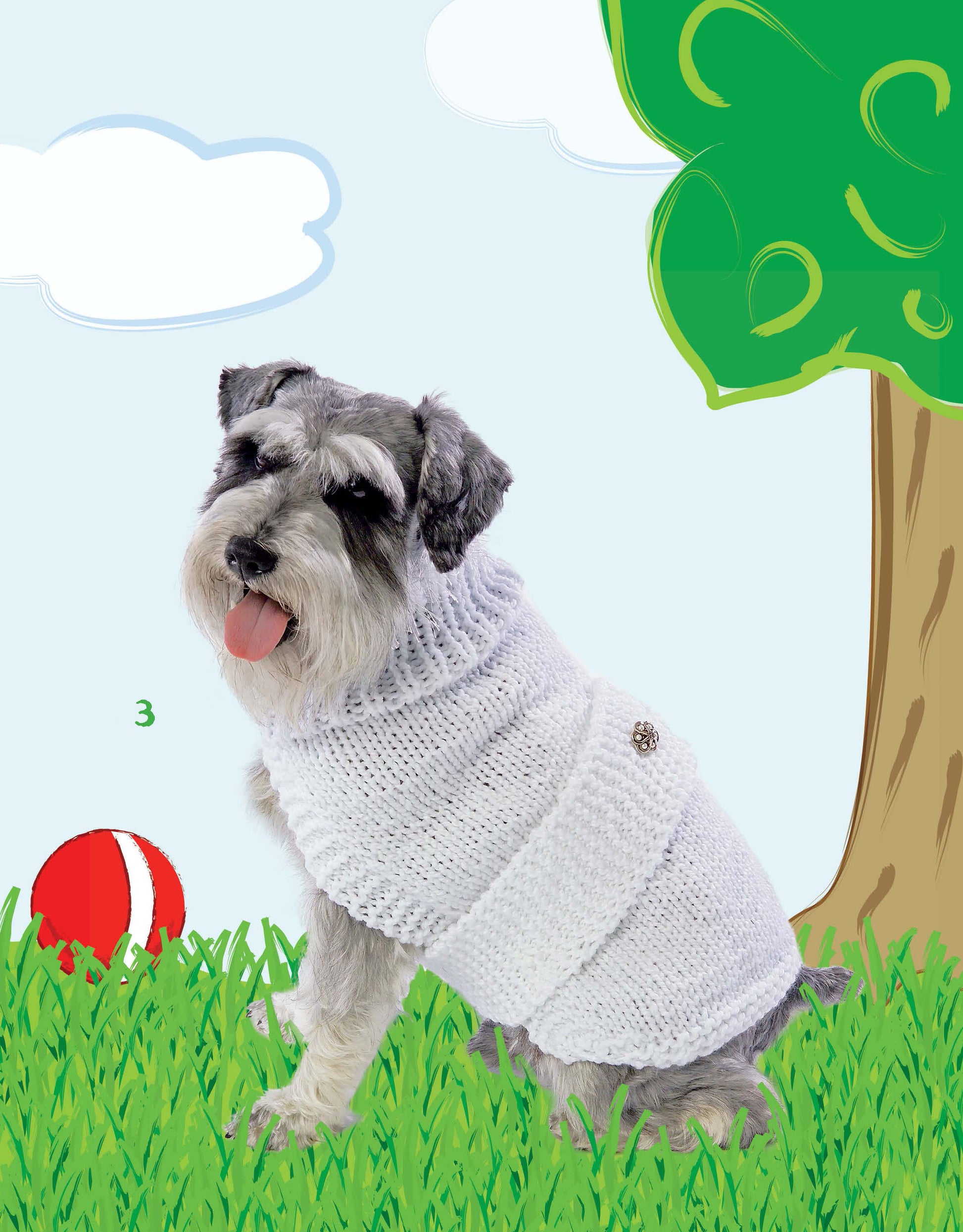 A gray schnauzer dons a chunky white sweater from Oodles of Outerwear for Canines by Leisure Arts, sitting on grass near a tree with a red and white ball in back—fun inspiration for cozy canine knits!.