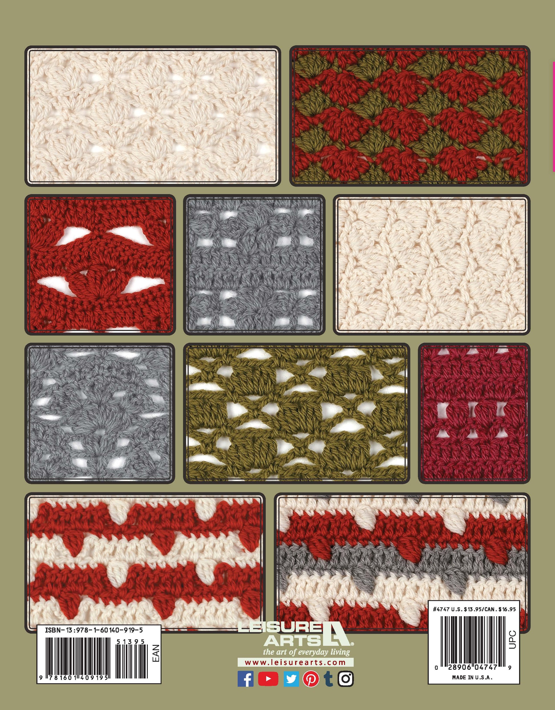 A collage of nine textured stitch samples from Leisure Arts’ "108 Crochet Cluster Stitches" in cream, red, green, and brown yarns on a tan background—ideal for afghan inspiration or as a handy reference for crocheters.