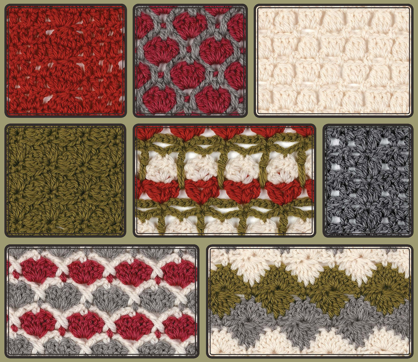 A collage features eight textured, geometric granny square patterns in red, green, cream, and gray from Leisure Arts' "108 Crochet Cluster Stitches," a perfect crocheter reference guide arranged on a neutral background.