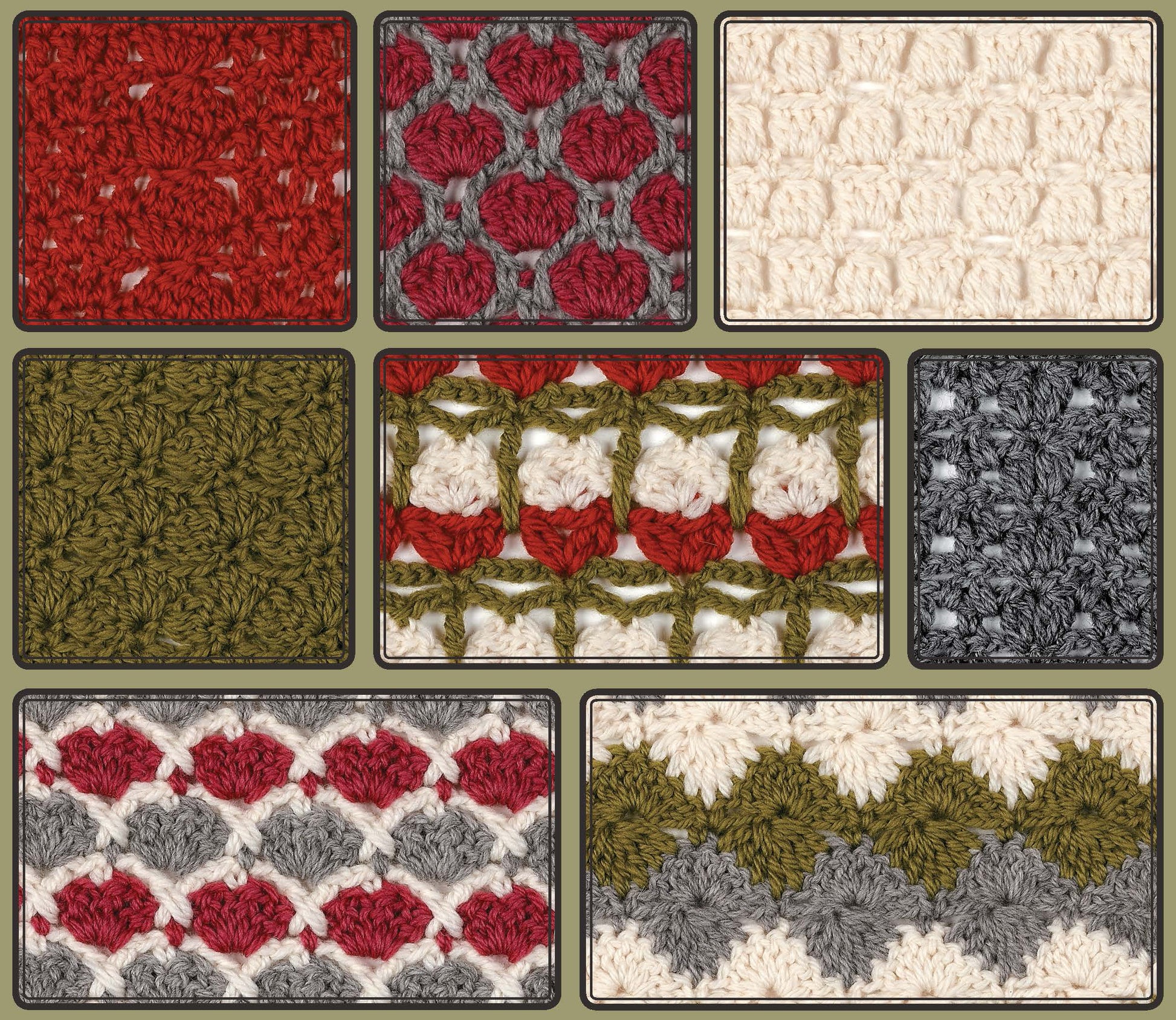 A collage features eight textured, geometric granny square patterns in red, green, cream, and gray from Leisure Arts' "108 Crochet Cluster Stitches," a perfect crocheter reference guide arranged on a neutral background.