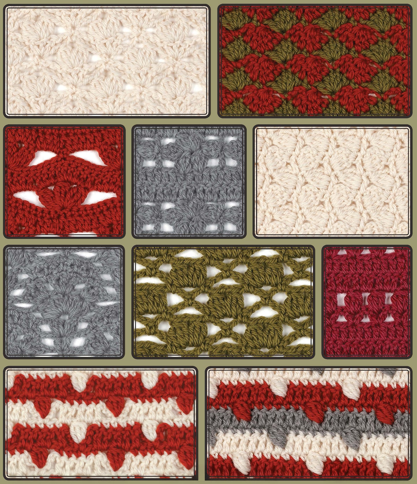 A collage from Leisure Arts' "108 Crochet Cluster Stitches" displays ten swatches in various patterns and colors, each uniquely textured—a perfect visual guide for crocheters seeking inspiration and reference.