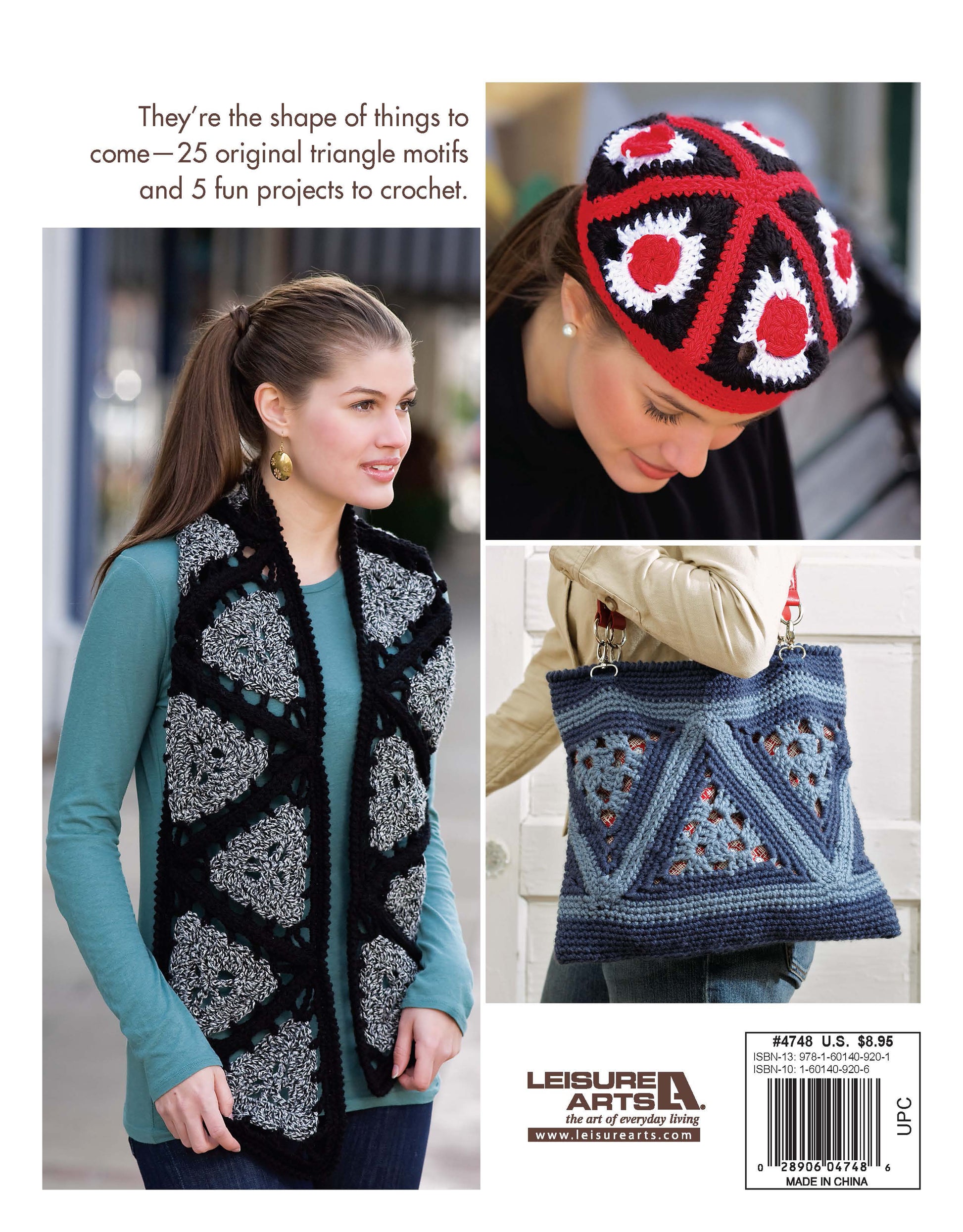 Triangle Treasury—A Must-Have for Your Crochet Library! by Leisure Arts features a black and gray crochet vest, a colorful beret, and a blue bag—all showcasing vibrant triangle patterns.