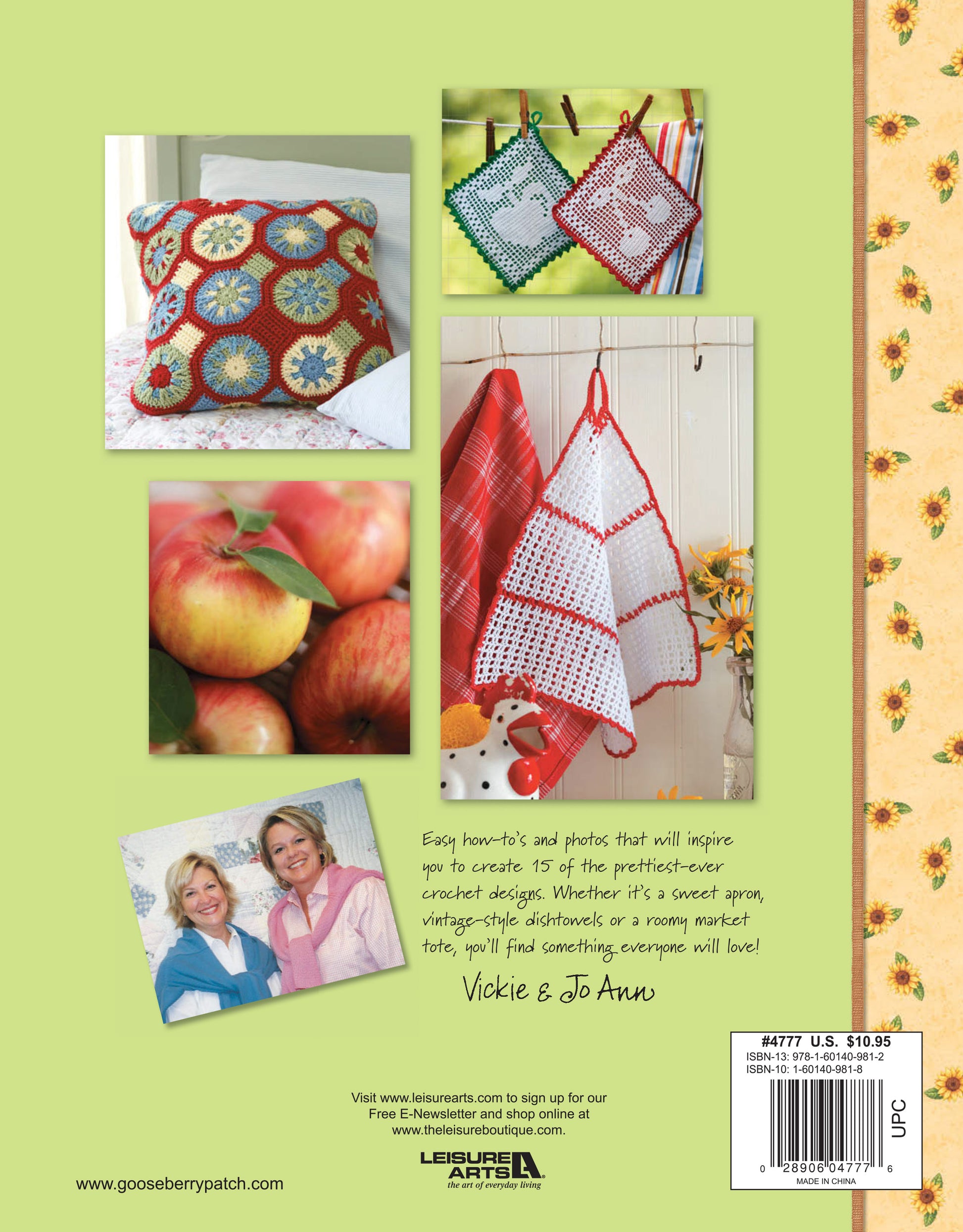 The back cover of Gooseberry Patch Farmhouse Crochet (Leisure Arts) features crochet potholders, a red and white towel, apples, and two smiling women—ideal for beginners. Includes step-by-step instructions, text, and website info at the bottom. Digital download.