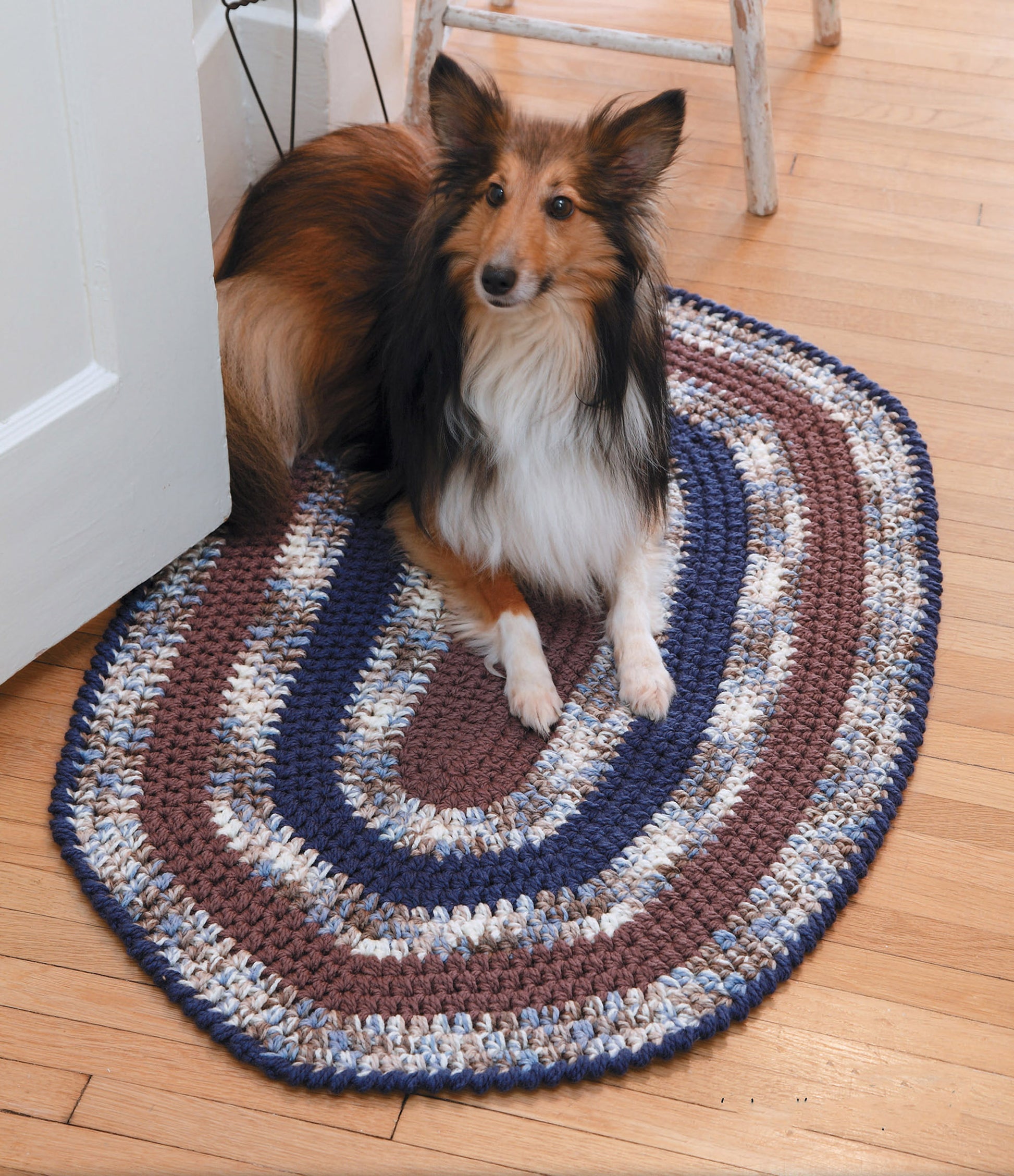 A Shetland Sheepdog sits on a striped oval rug made from Gooseberry Patch Farmhouse Crochet Digital Download by Leisure Arts, featuring beginner-friendly blue, brown, and white crochet projects, on a wooden floor near a white door and chair.