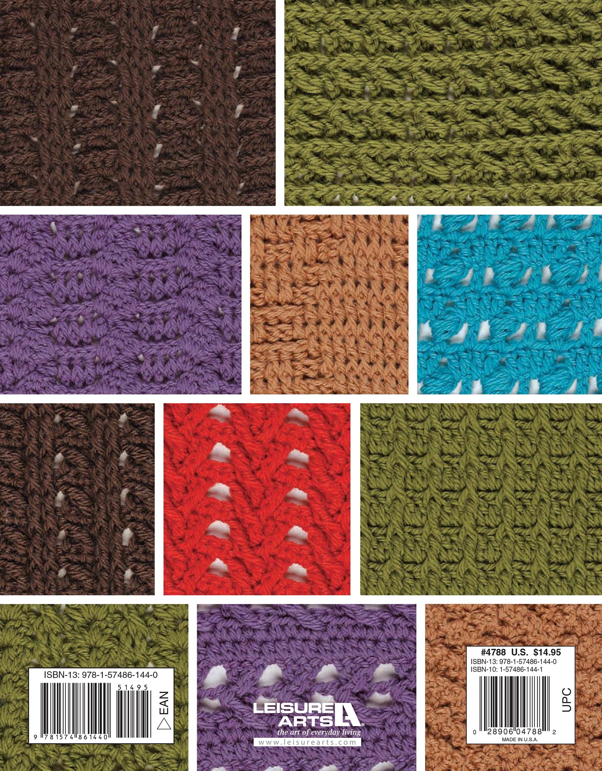 A collage of colorful crochet swatches from "99 Crochet Post Stitches" by Leisure Arts highlights beginner-friendly patterns, with ISBN, UPC, and publisher info shown at the bottom.