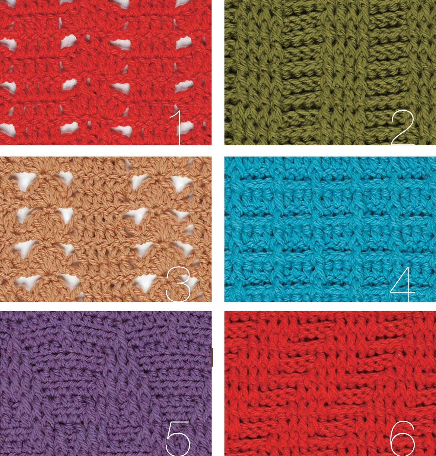 A grid of six colorful crochet swatches from Leisure Arts’ "99 Crochet Post Stitches" displays beginner-friendly stitch designs, each section numbered 1 to 6 in the lower right corner.