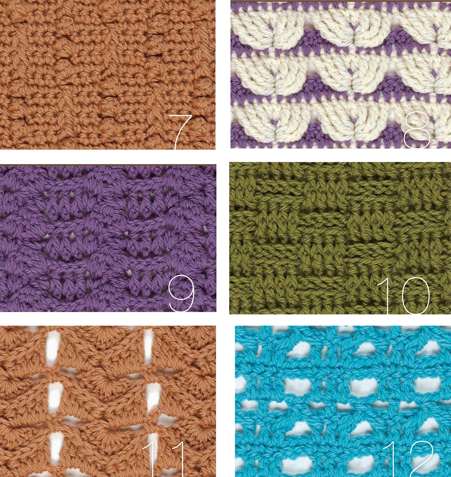A collage of six crochet swatches numbered 7–12 from Leisure Arts’ “99 Crochet Post Stitches” displays brown, purple, cream, green, tan, and blue yarns—ideal inspiration for beginner stitch designs.