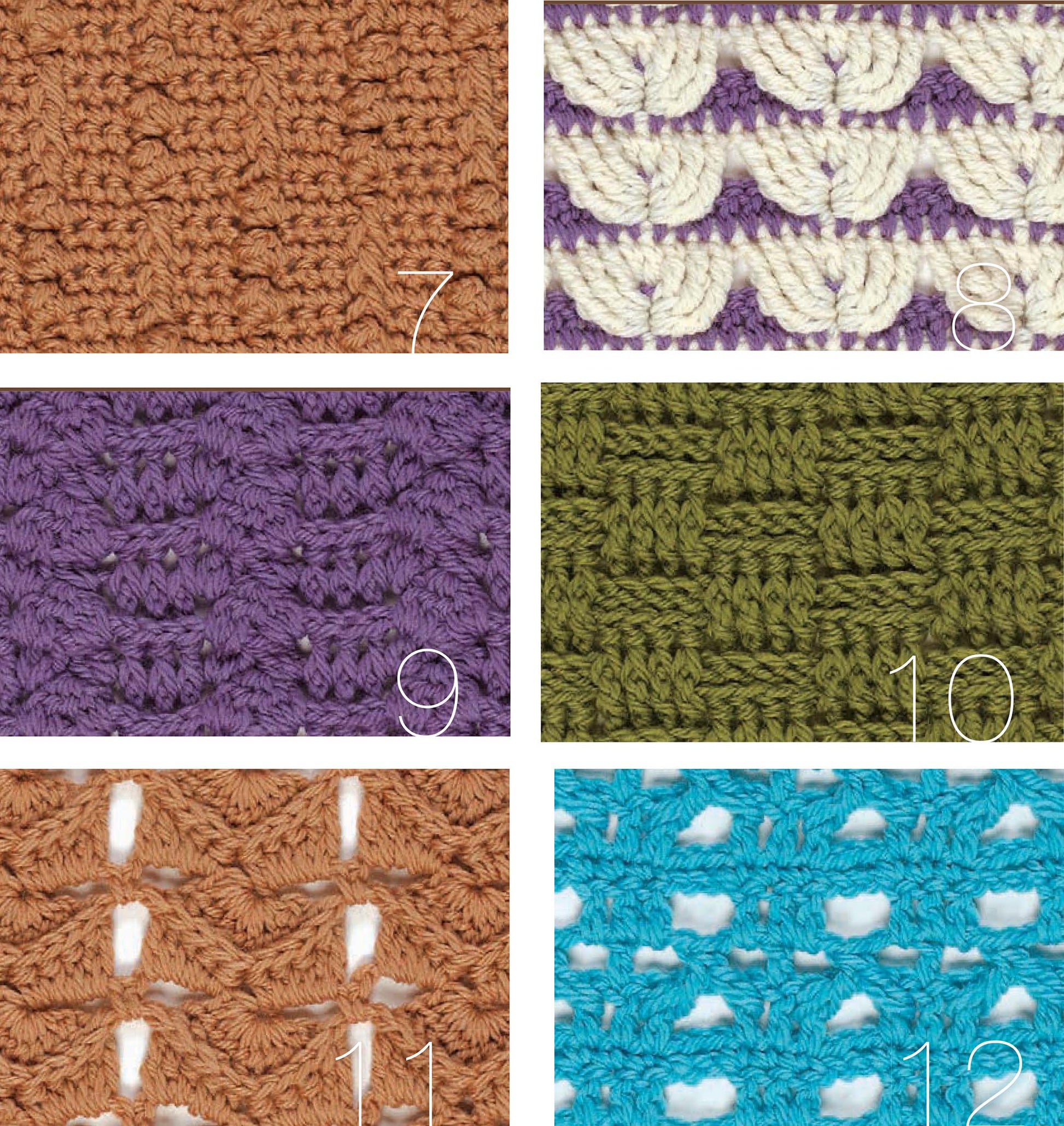 A collage of six crochet swatches numbered 7–12 from Leisure Arts’ “99 Crochet Post Stitches” displays brown, purple, cream, green, tan, and blue yarns—ideal inspiration for beginner stitch designs.