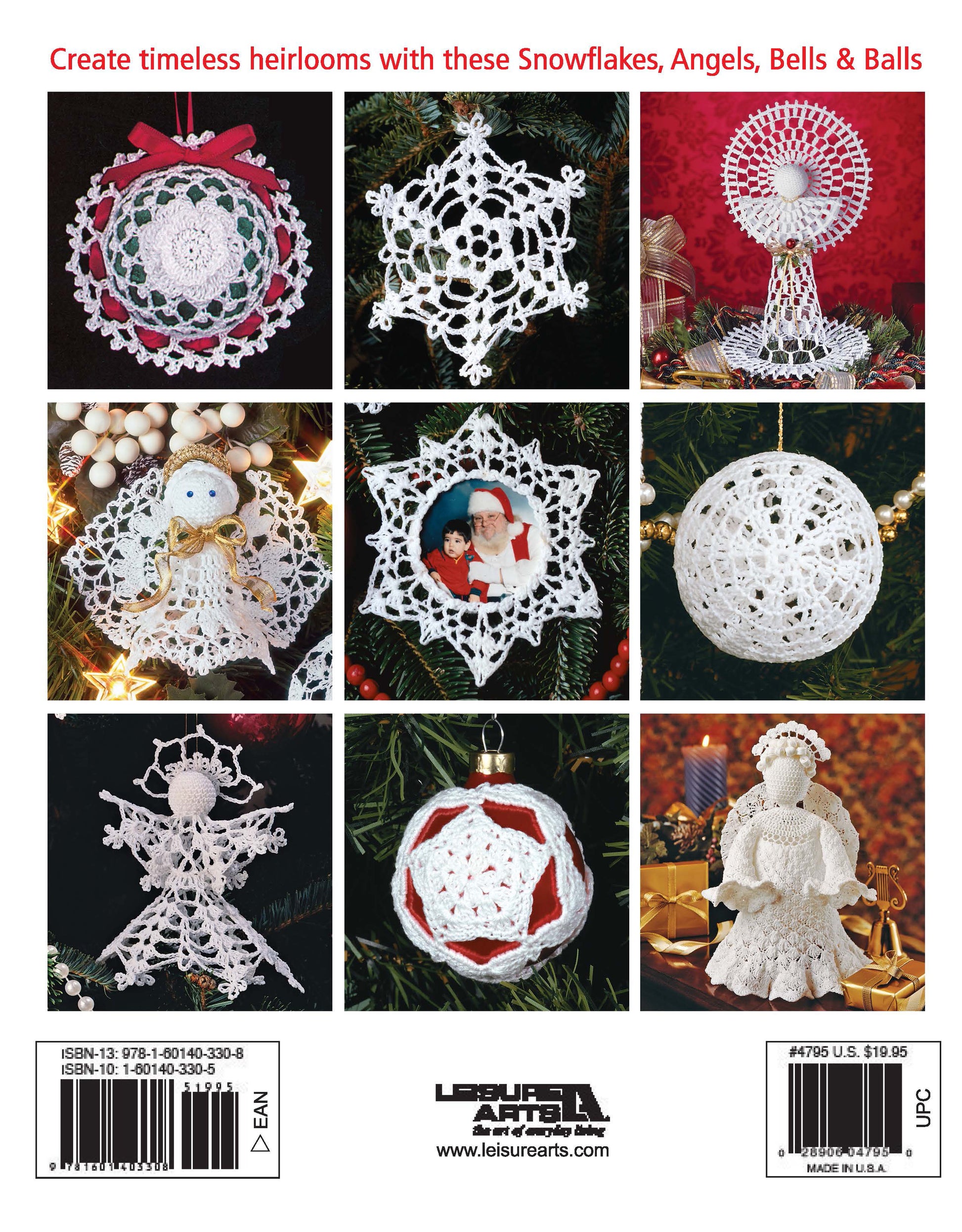 A collage of nine photos displays white, lace weight crochet Christmas ornaments—snowflakes, angels, bells, and balls—on trees and festive settings. Text above: Create timeless heirlooms... Featured: Big Book of Thread Ornaments by Leisure Arts.