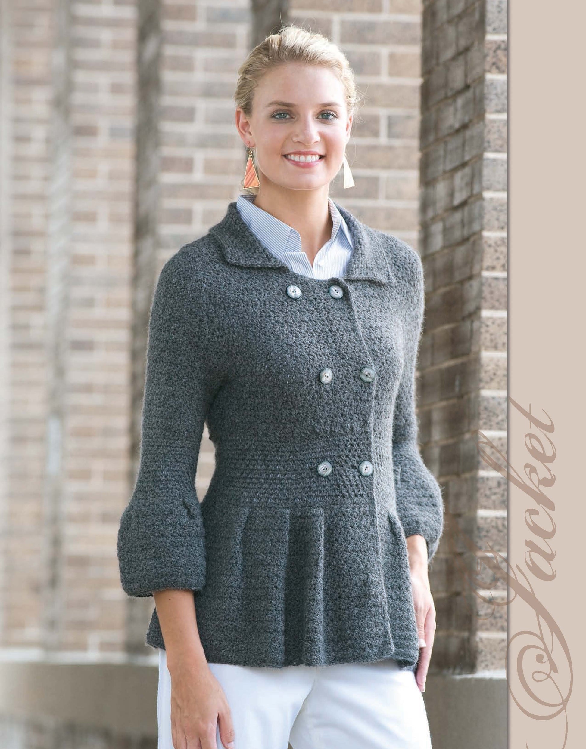 A woman stands outdoors smiling, wearing a textured gray double-breasted jacket from The Crochet Closet by Leisure Arts. Her light hair is pulled back as she poses in front of a brick wall. "Jacket" appears on the right.