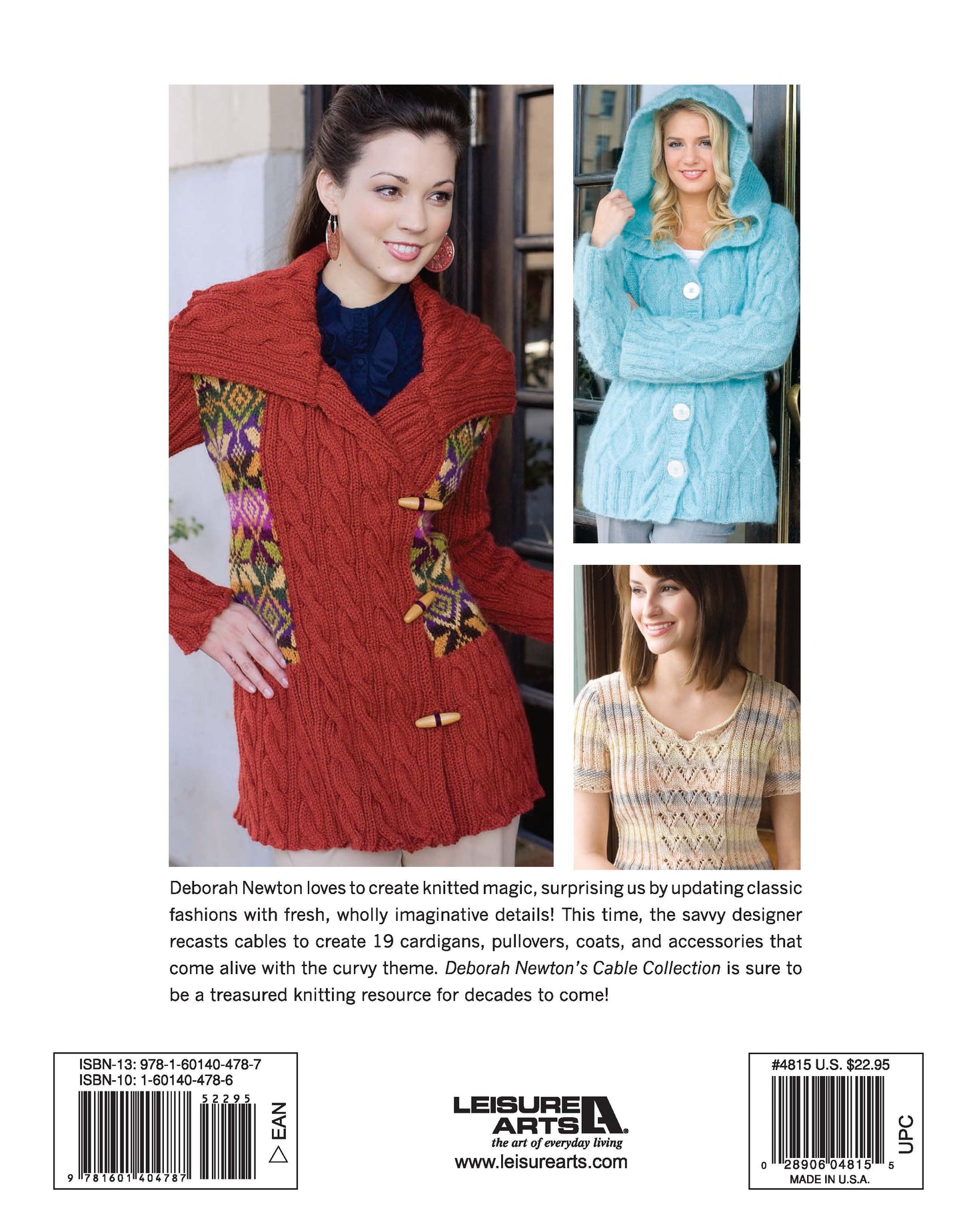 Three women model pieces from Deborah Newton's Cable Collection by Leisure Arts: a red cabled cardigan with pattern, a blue cabled hooded coat, and a beige chevron-knit top. Discover inspiring sweaters and knitting patterns below. Text and barcode follow.