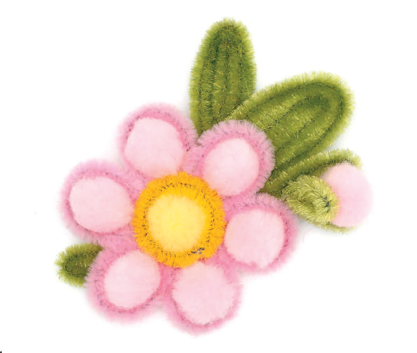 Leisure Arts' Pom-Pom Magnets feature a cute flower with pink chenille stem petals, a yellow pom-pom center, two green leaves, and a pink bud—an adorable craft displayed on a white background.