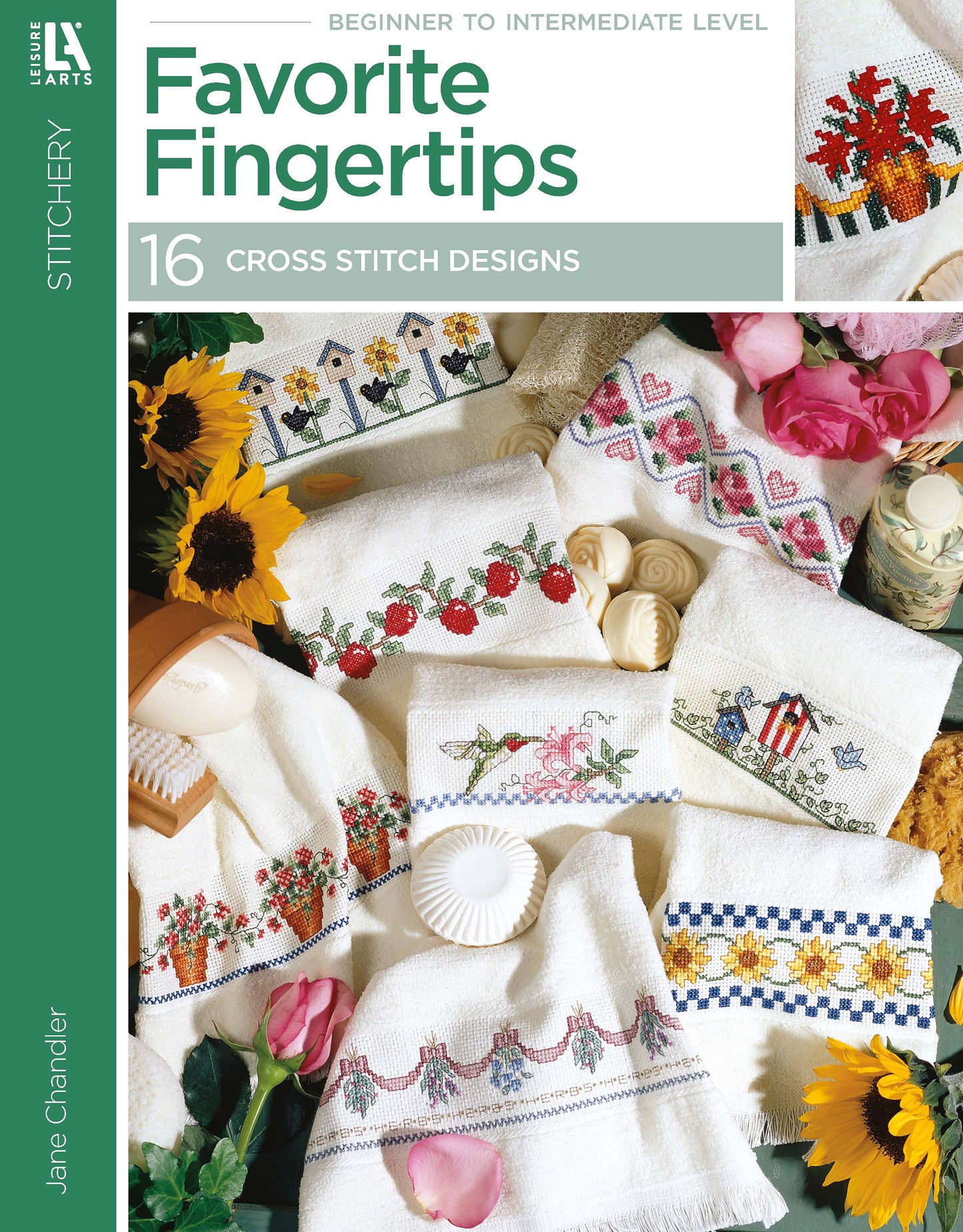 Favorite Fingertips by Leisure Arts offers hand towels with vibrant cross stitch floral and geometric patterns—ideal for home decor. Includes 16 designs, shown amid sunflowers, pink roses, sewing supplies, and décor items.